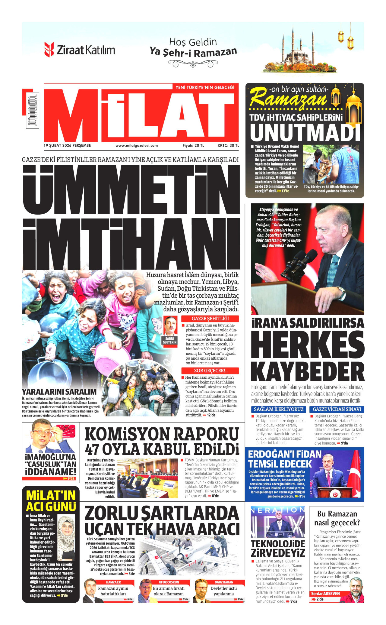 MİLAT gazetesinin 19 Şubat 2026 tarihli birinci sayfası