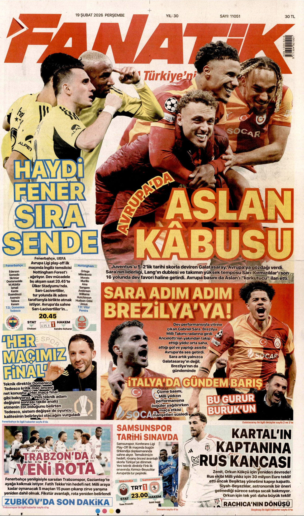 FANATİK gazetesinin 19 Şubat 2026 tarihli birinci sayfası