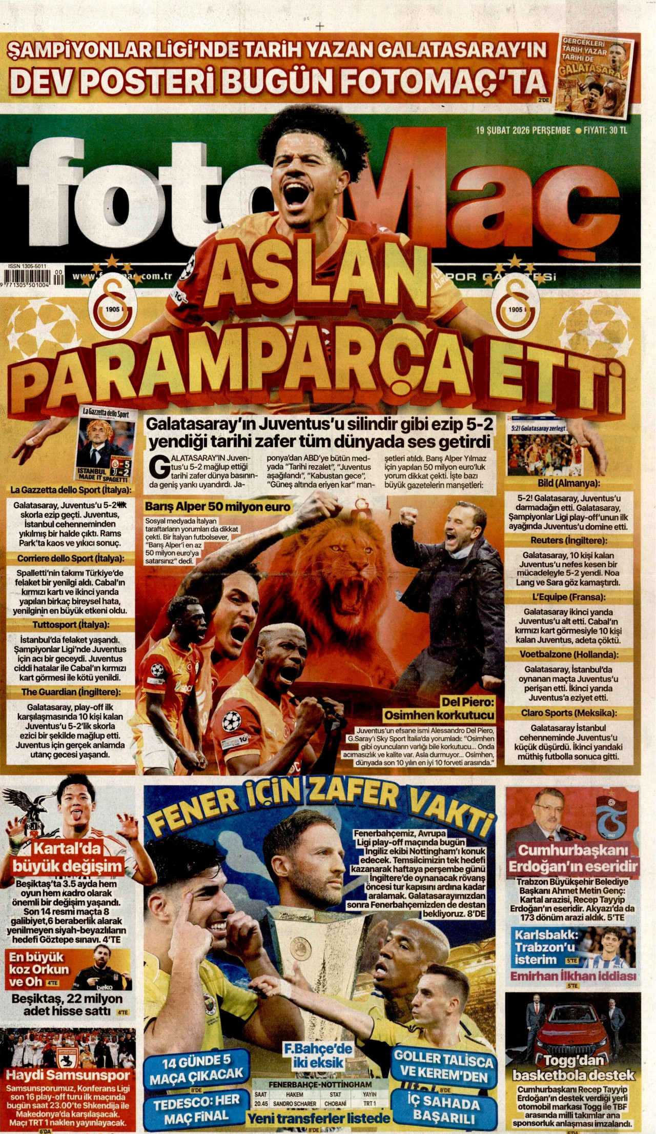 FOTOMAÇ gazetesinin 19 Şubat 2026 tarihli birinci sayfası