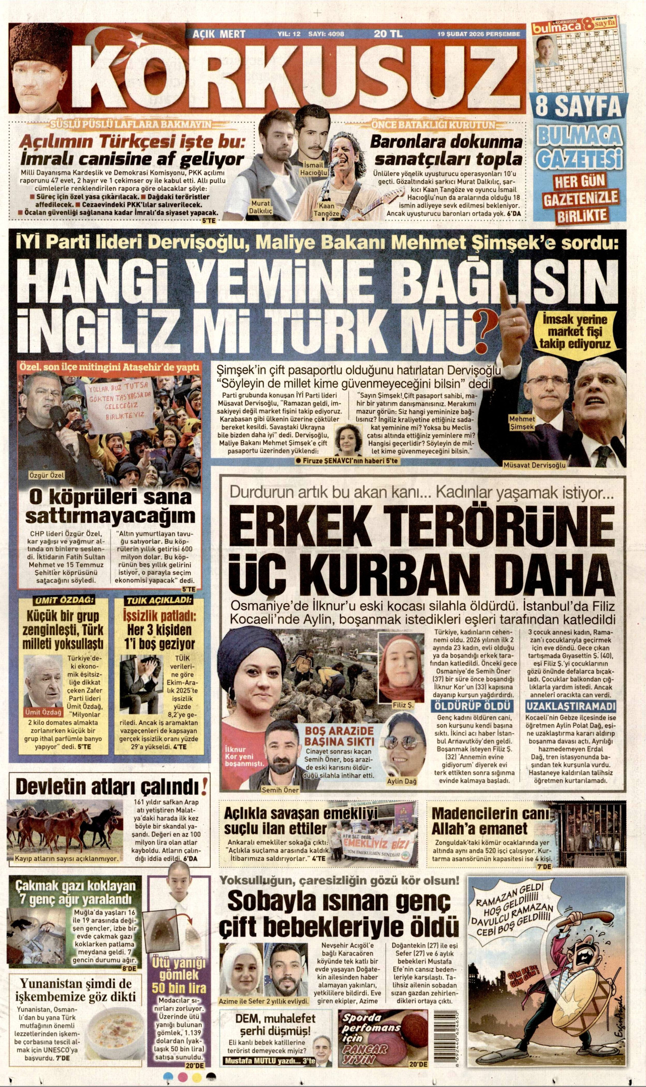 KORKUSUZ gazetesinin 19 Şubat 2026 tarihli birinci sayfası