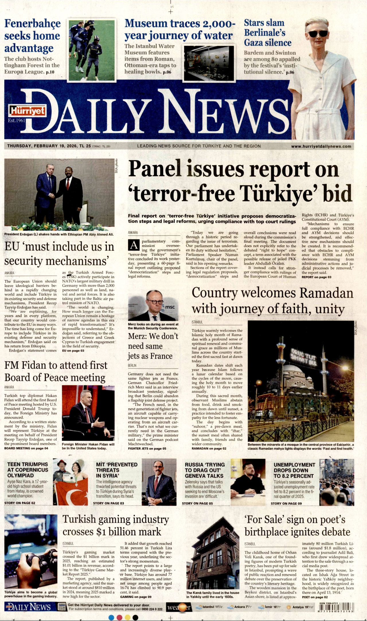 HÜRRİYET DAİLY NEWS gazetesinin 19 Şubat 2026 tarihli birinci sayfası