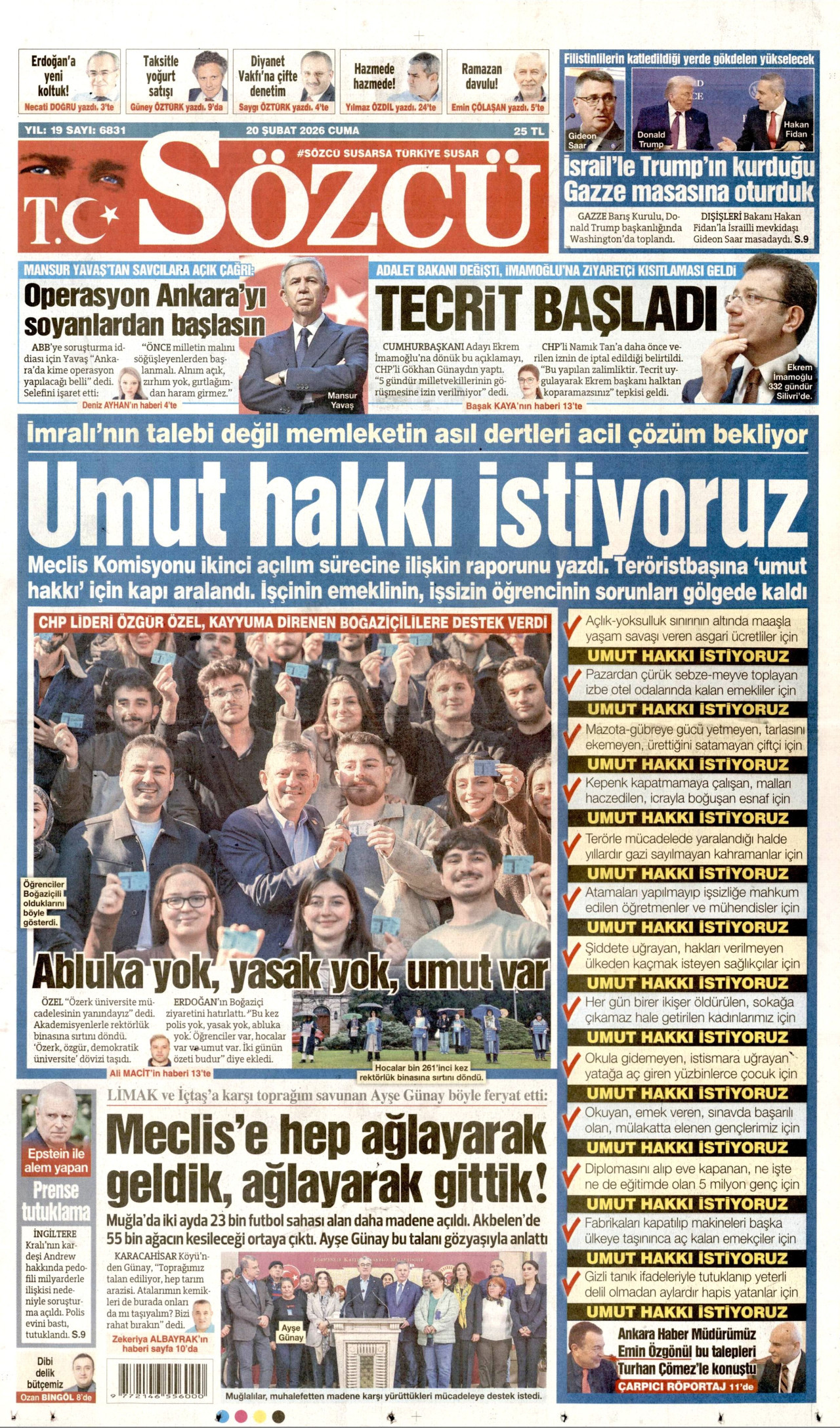 SÖZCÜ gazetesinin 20 Şubat 2026 tarihli birinci sayfası