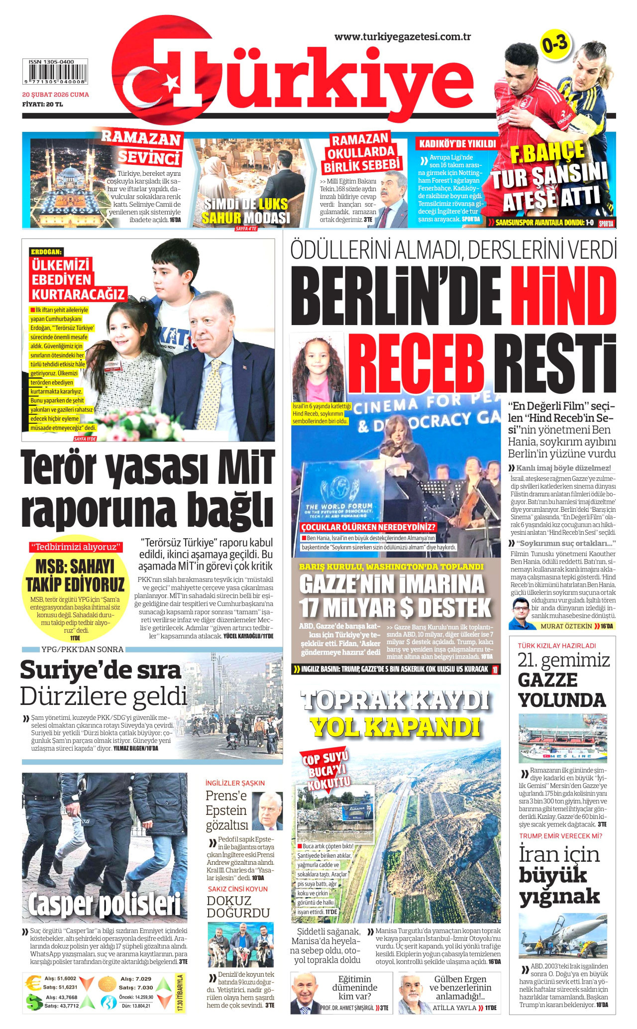 TÜRKİYE GAZETESİ gazetesinin 20 Şubat 2026 tarihli birinci sayfası