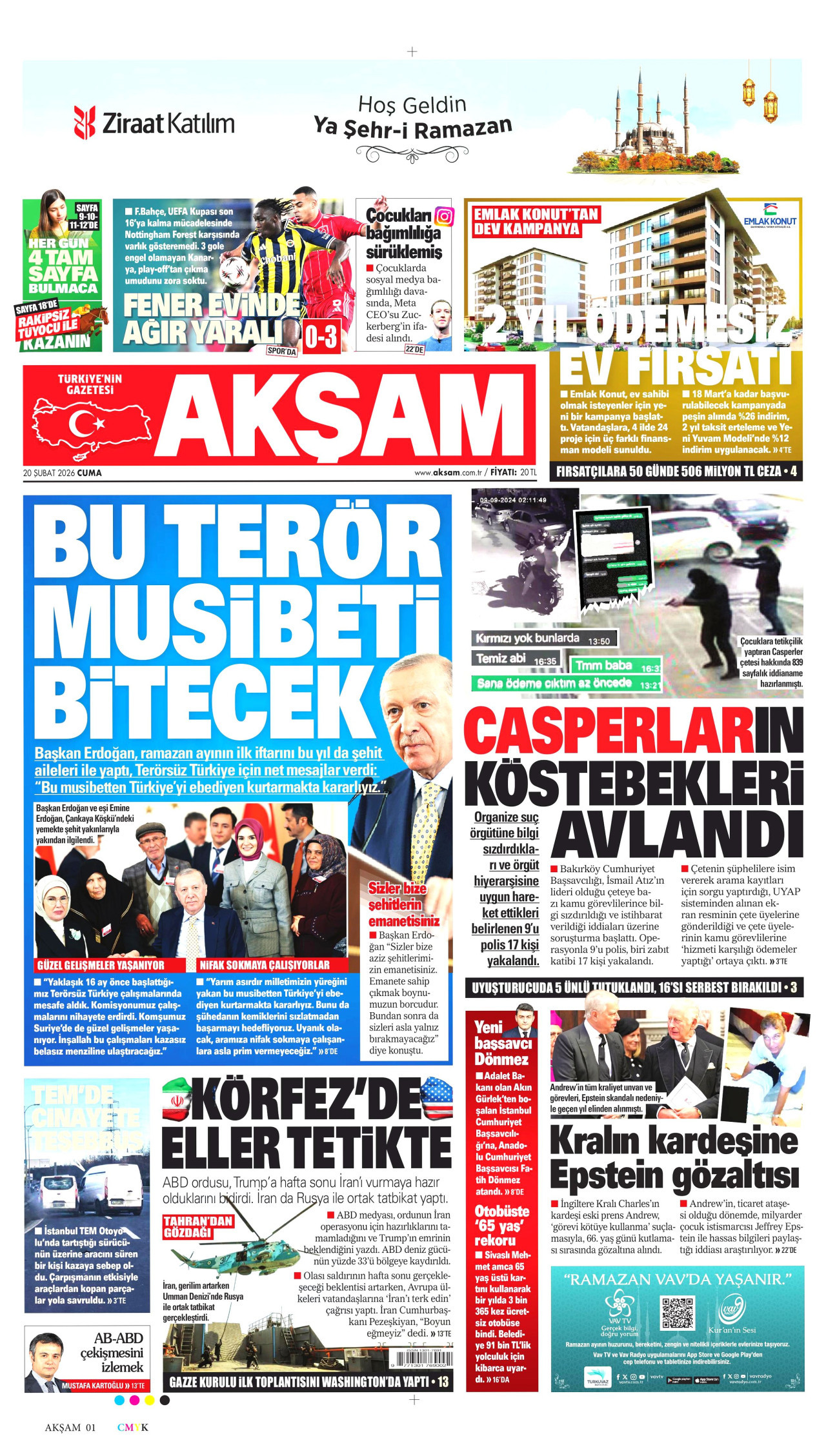 AKŞAM gazetesinin 20 Şubat 2026 tarihli birinci sayfası