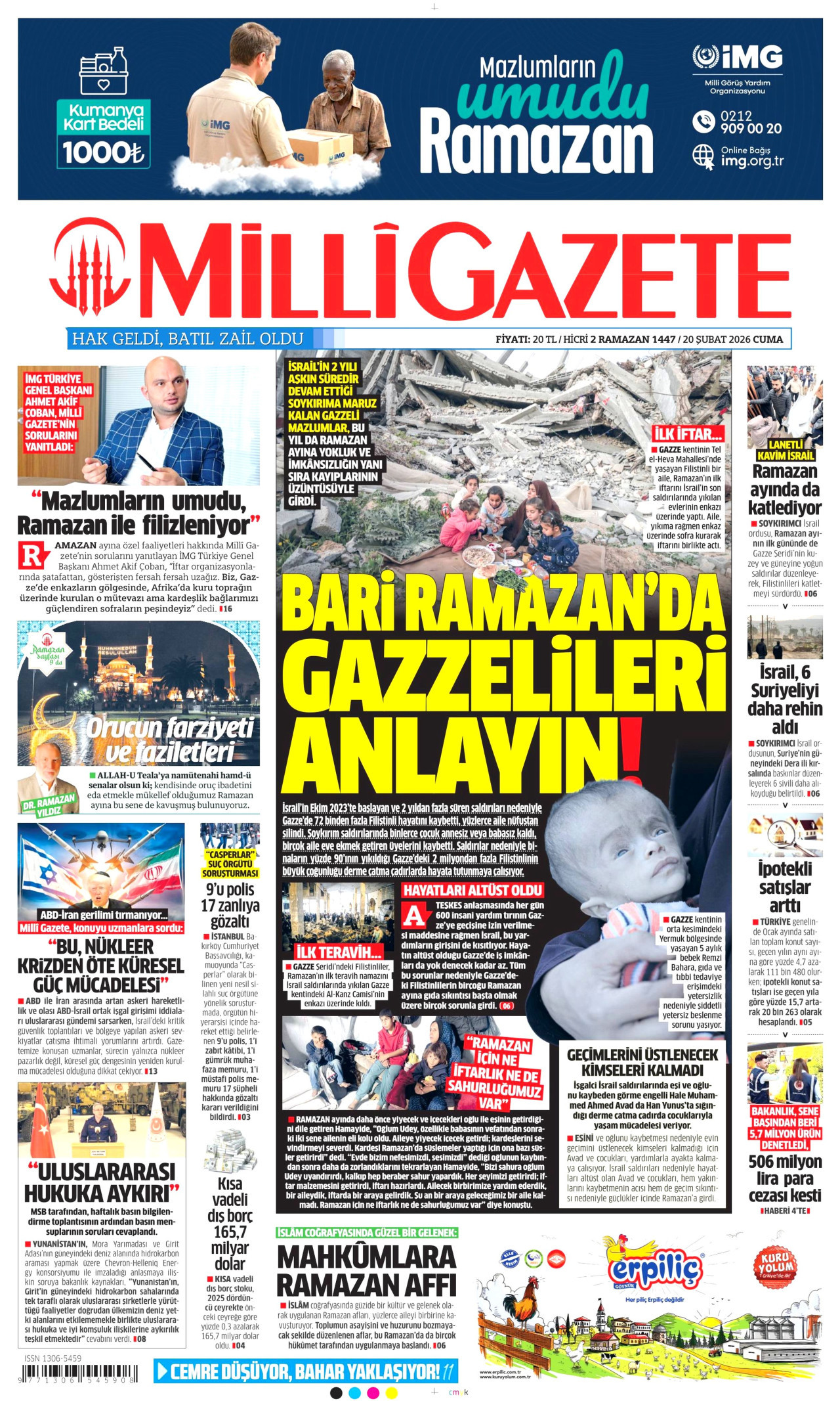MİLLİ GAZETE gazetesinin 20 Şubat 2026 tarihli birinci sayfası
