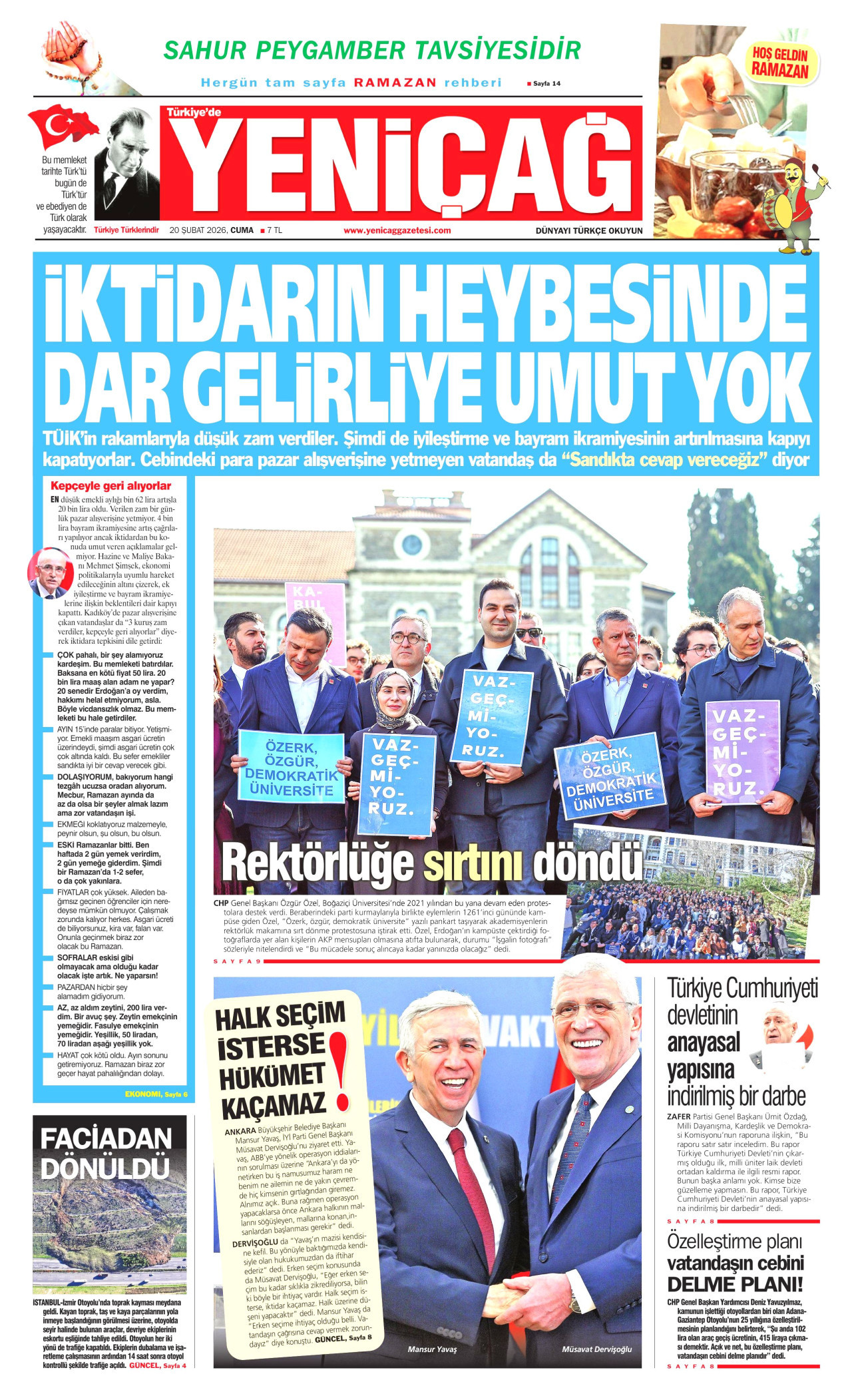 YENİÇAĞ gazetesinin 20 Şubat 2026 tarihli birinci sayfası