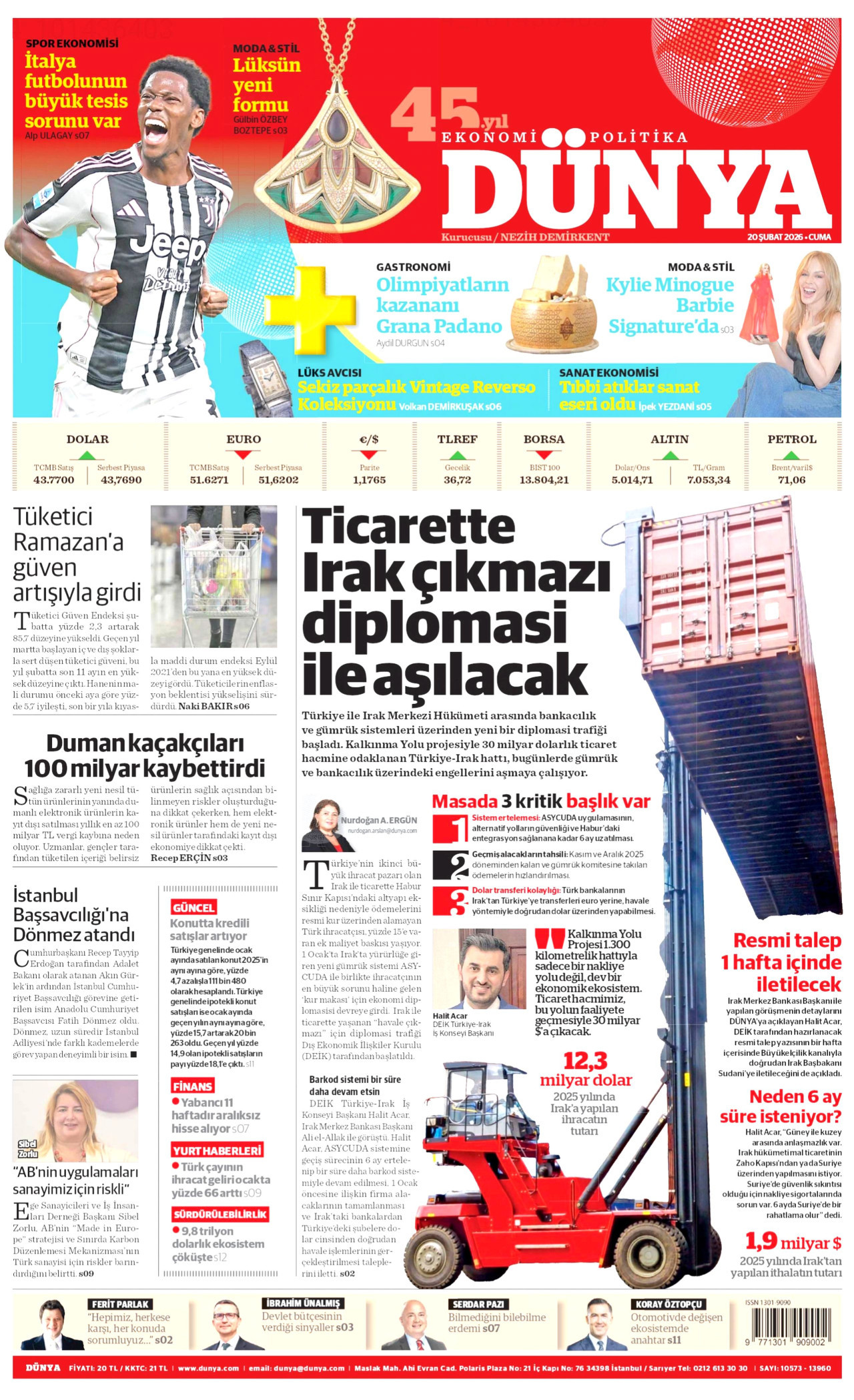DÜNYA gazetesinin 20 Şubat 2026 tarihli birinci sayfası