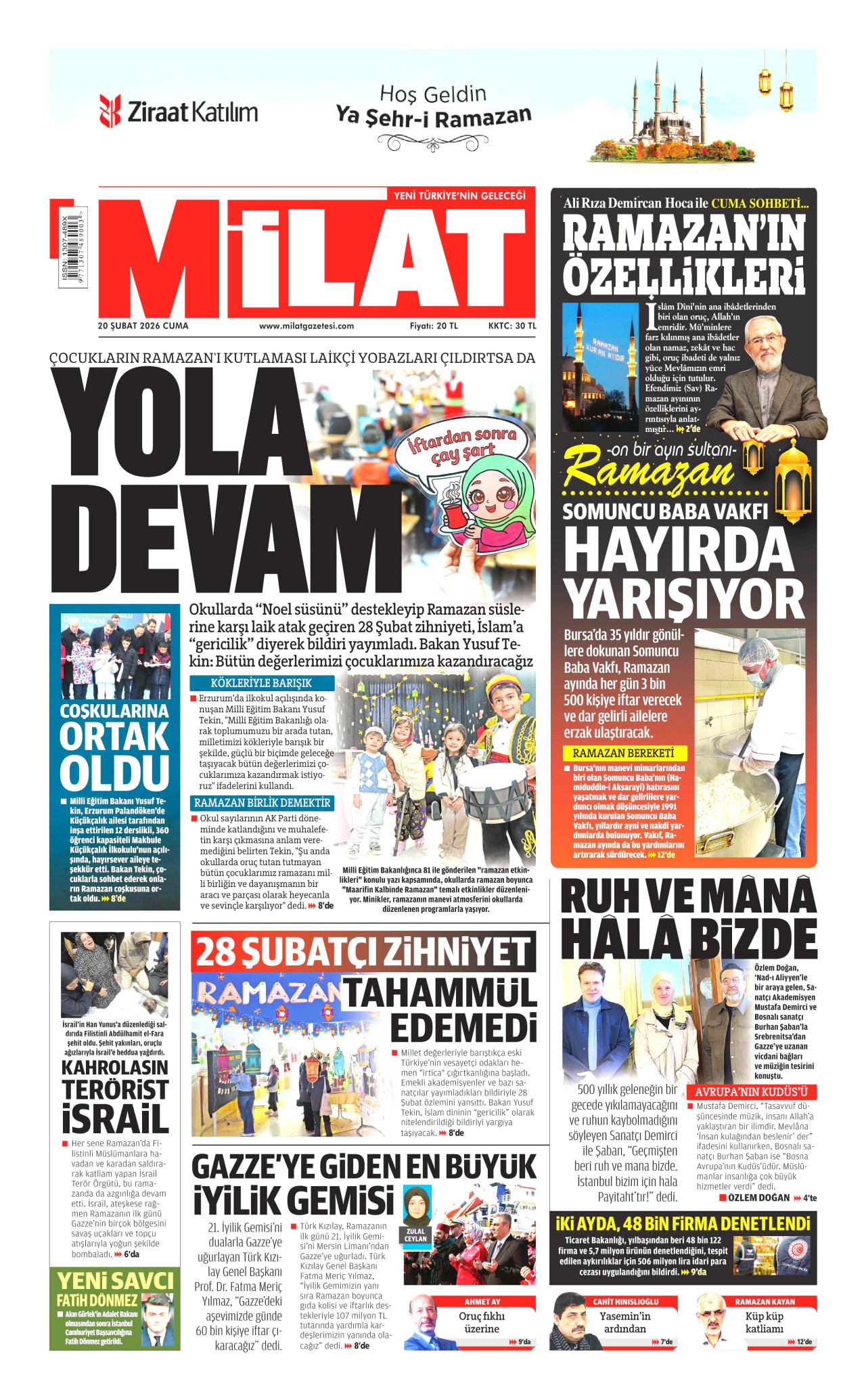 MİLAT gazetesinin 20 Şubat 2026 tarihli birinci sayfası