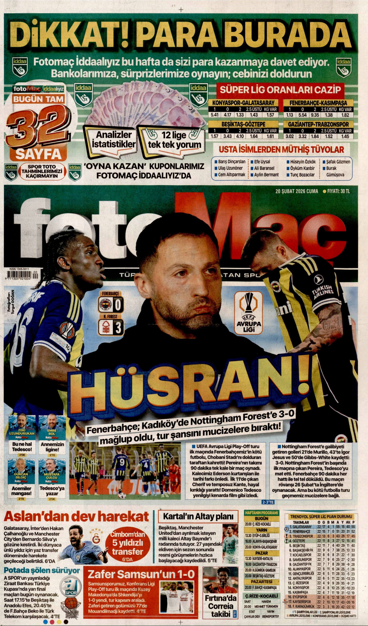 FOTOMAÇ gazetesinin 20 Şubat 2026 tarihli birinci sayfası