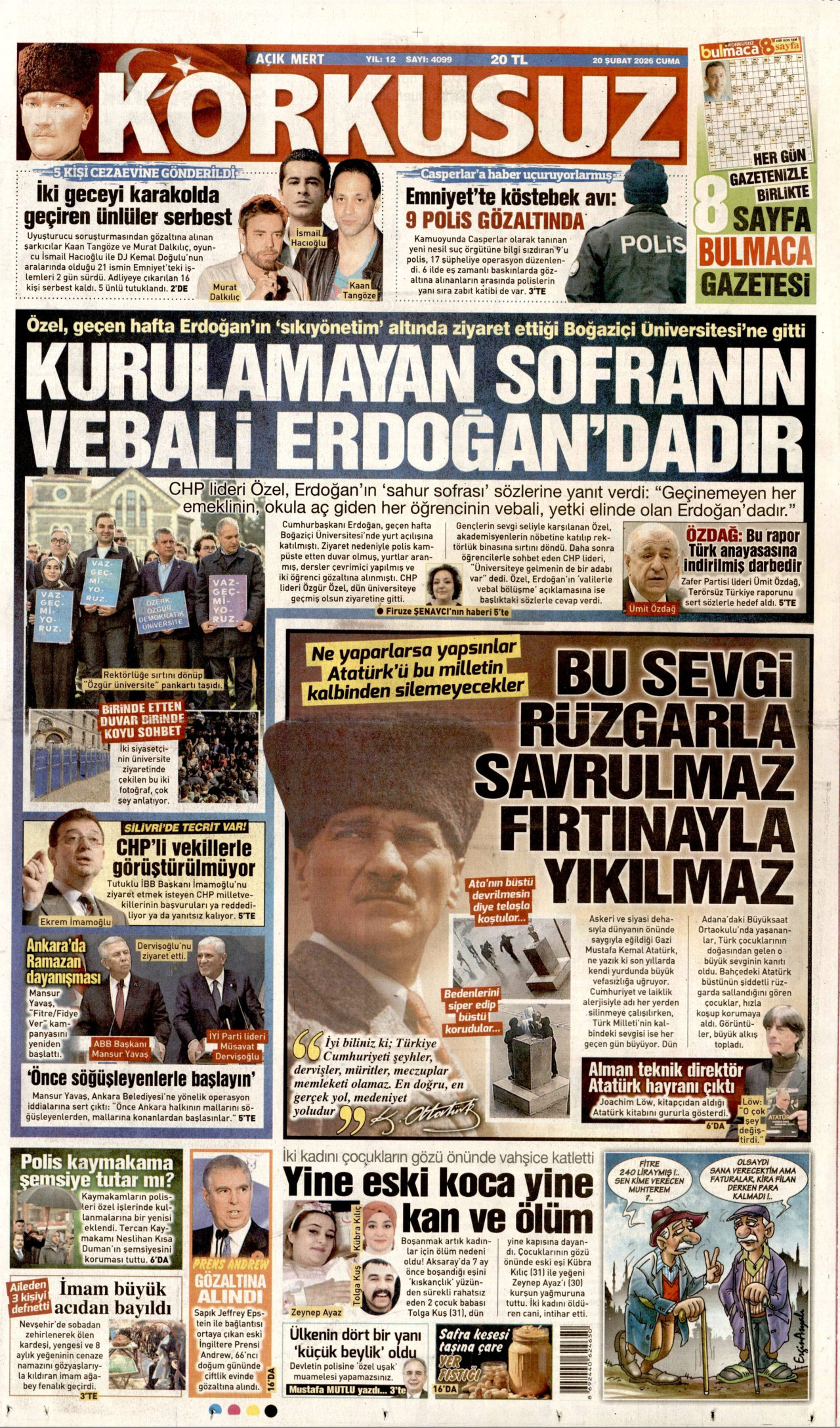 KORKUSUZ gazetesinin 20 Şubat 2026 tarihli birinci sayfası