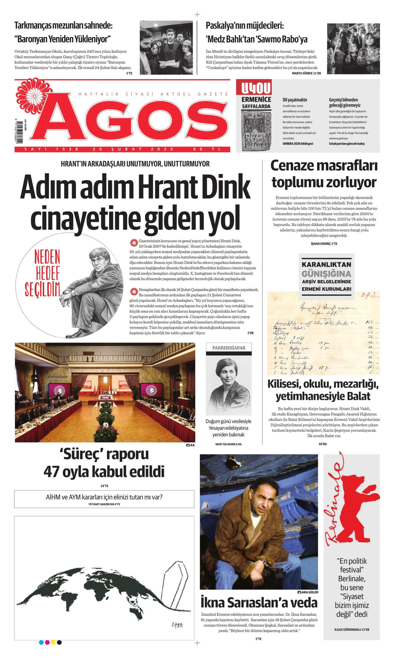 AGOS gazetesinin 20 Şubat 2026 tarihli birinci sayfası