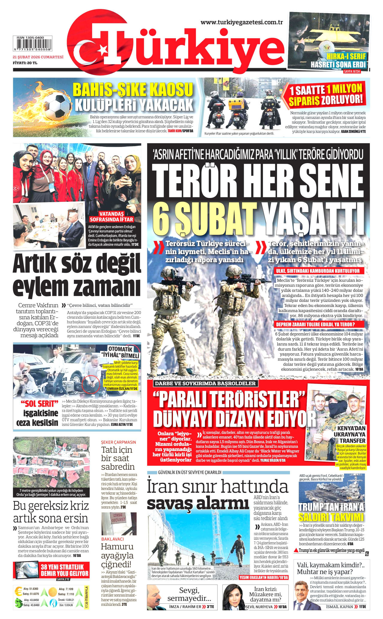 TÜRKİYE GAZETESİ gazetesinin 21 Şubat 2026 tarihli birinci sayfası