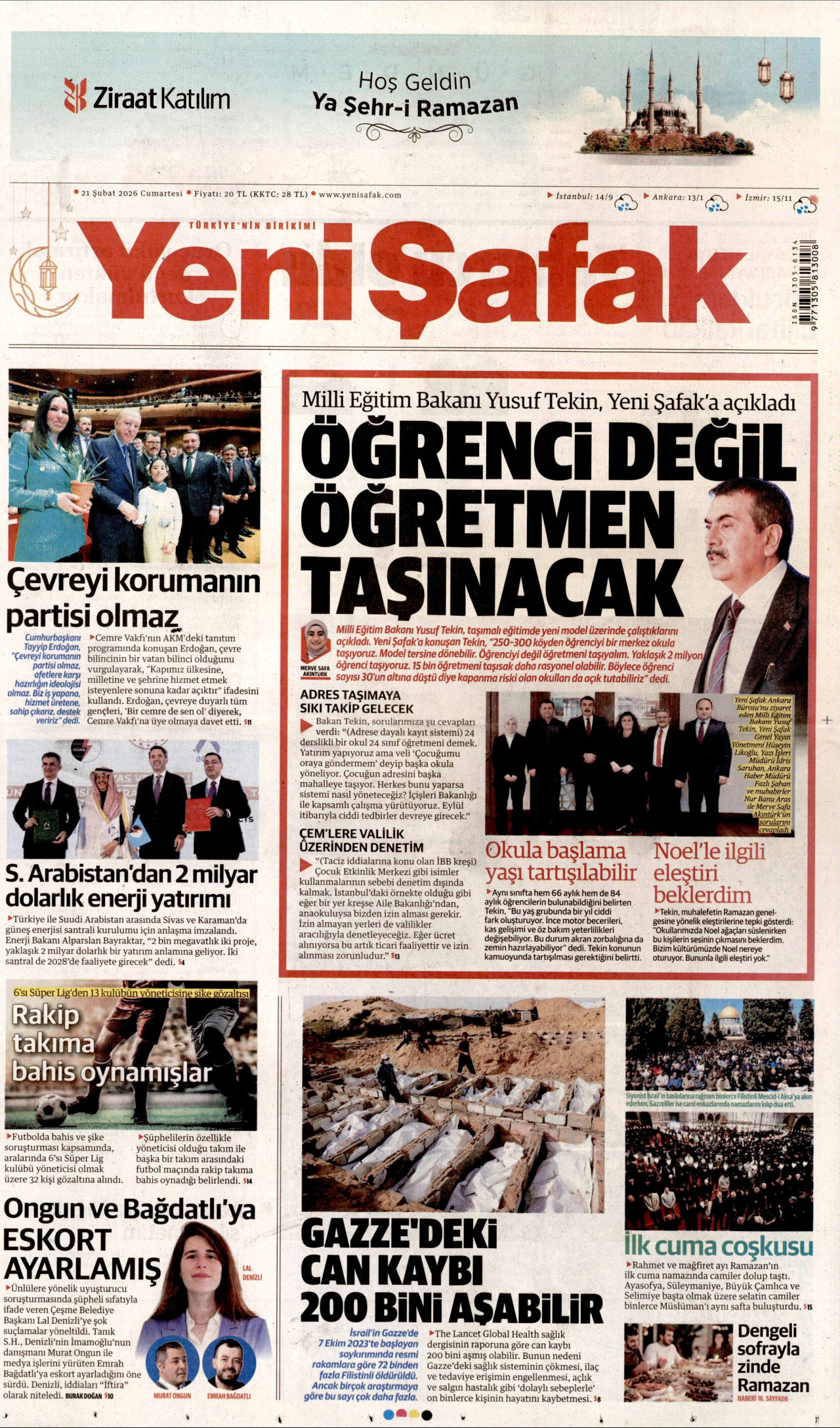 YENİ ŞAFAK gazetesinin 21 Şubat 2026 tarihli birinci sayfası