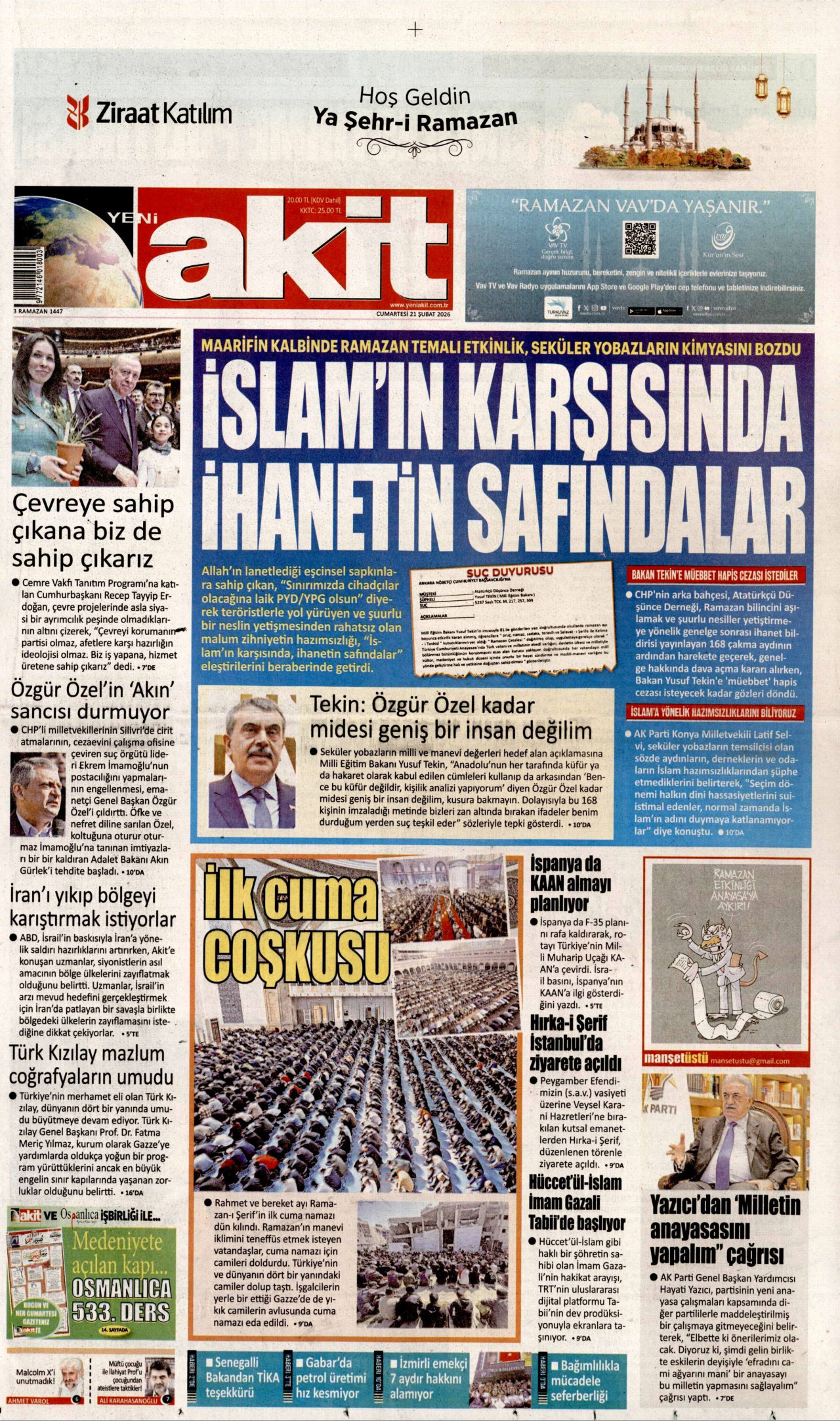 YENİ AKİT gazetesinin 21 Şubat 2026 tarihli birinci sayfası