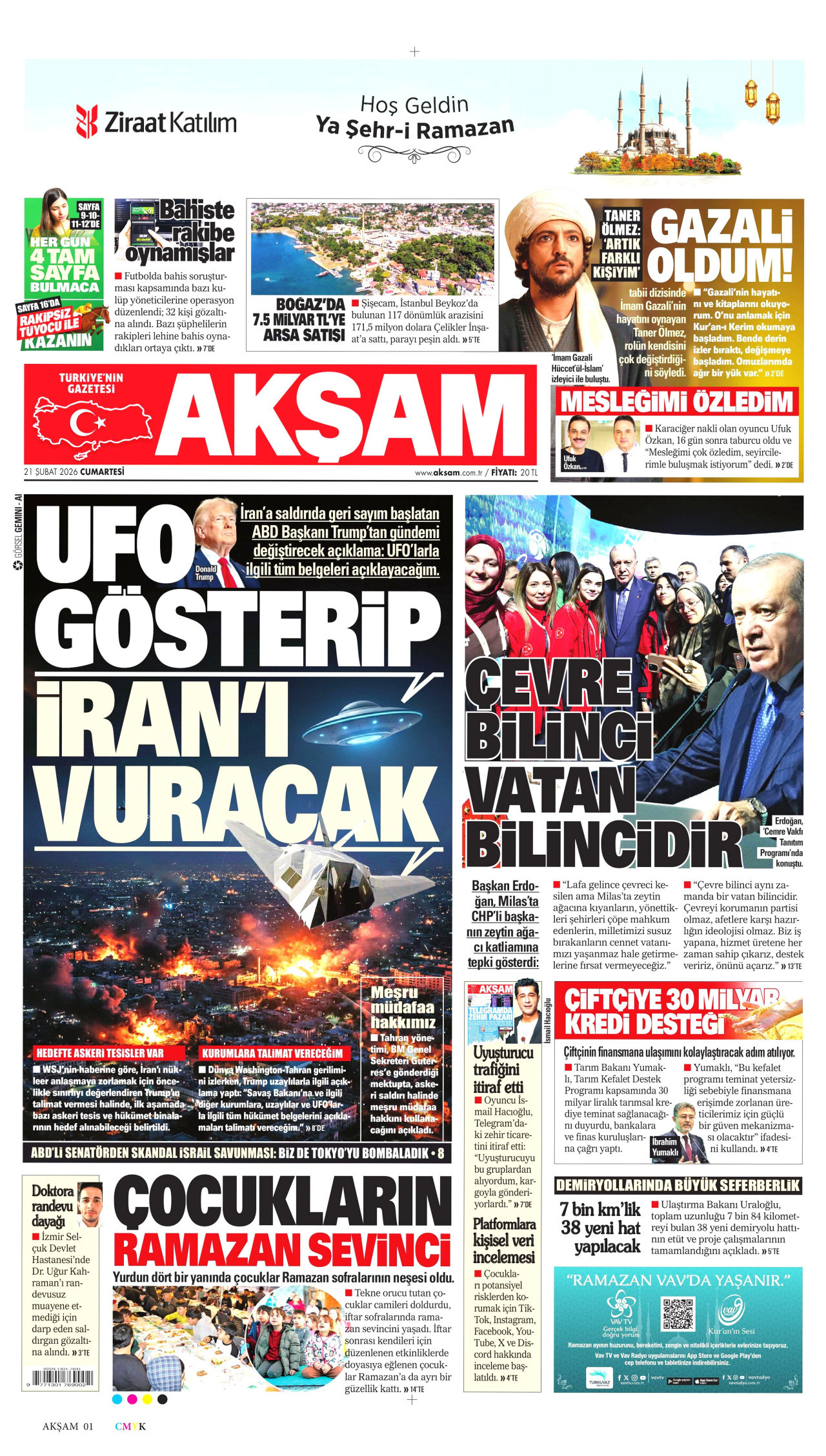 AKŞAM gazetesinin 21 Şubat 2026 tarihli birinci sayfası