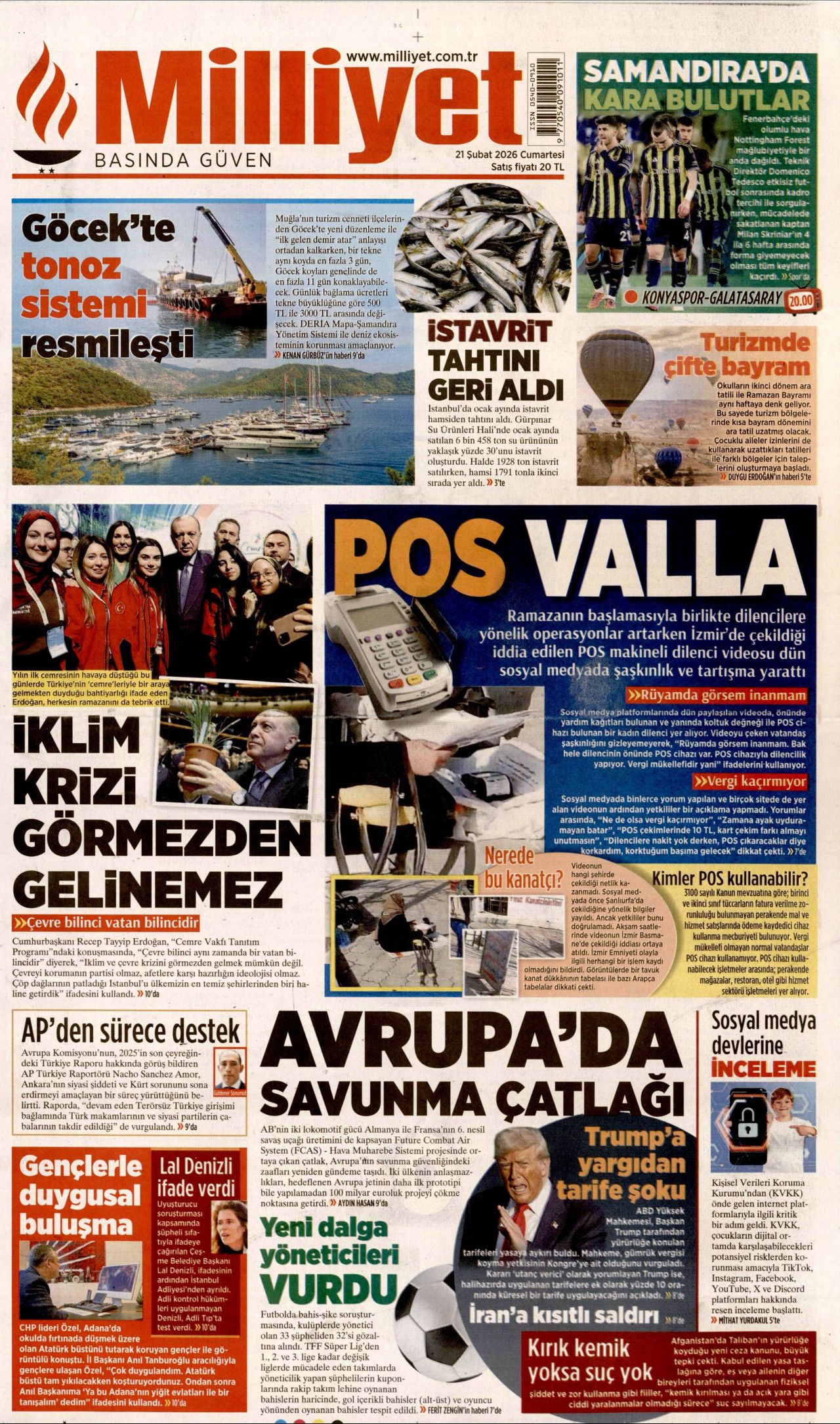 MİLLİYET gazetesinin 21 Şubat 2026 tarihli birinci sayfası