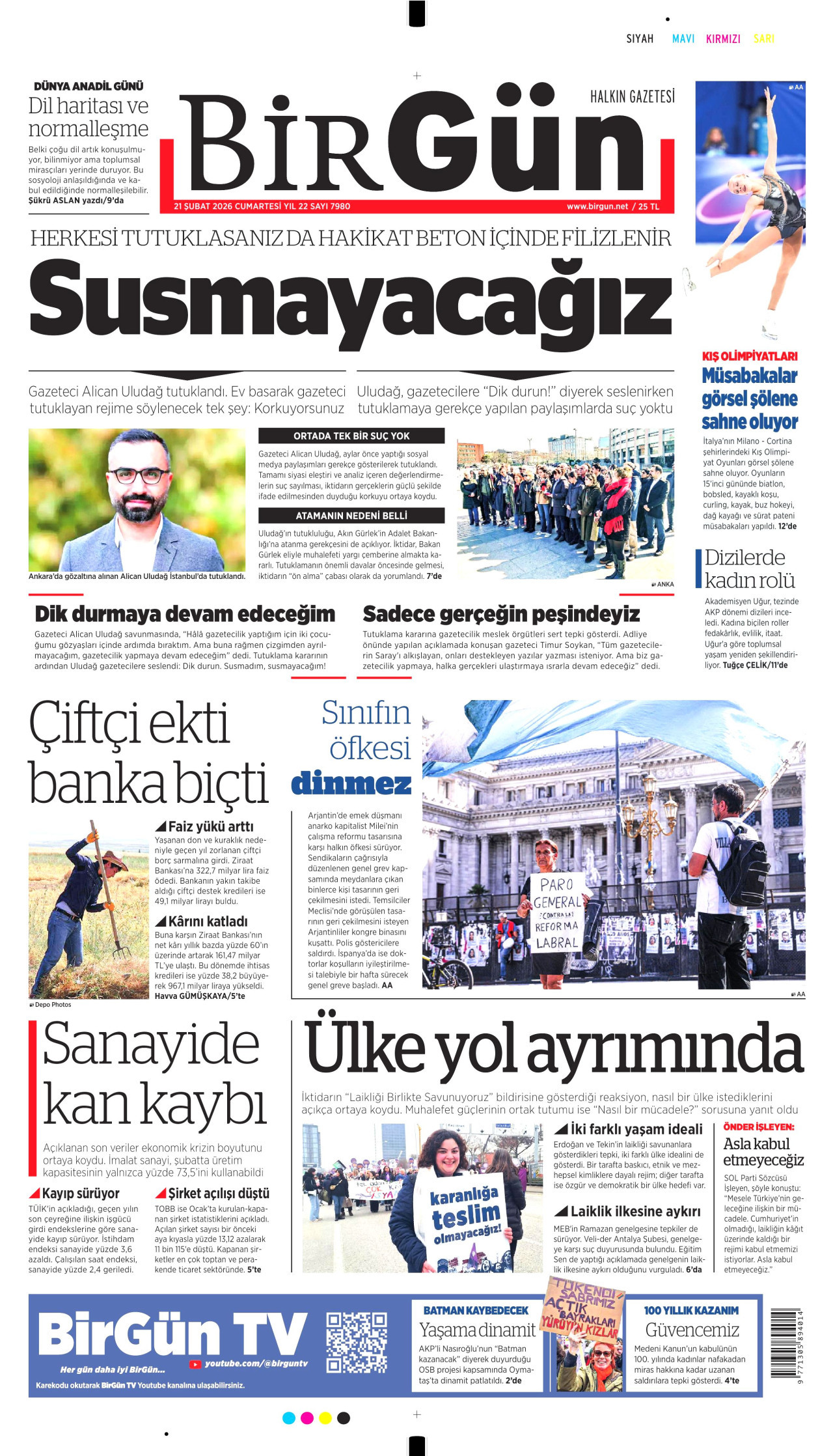 BİRGÜN gazetesinin 21 Şubat 2026 tarihli birinci sayfası