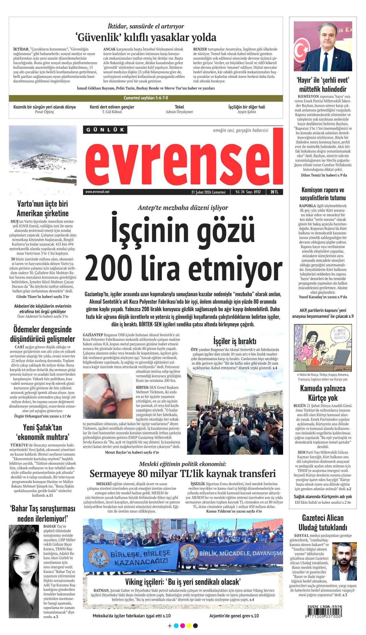 EVRENSEL gazetesinin 21 Şubat 2026 tarihli birinci sayfası