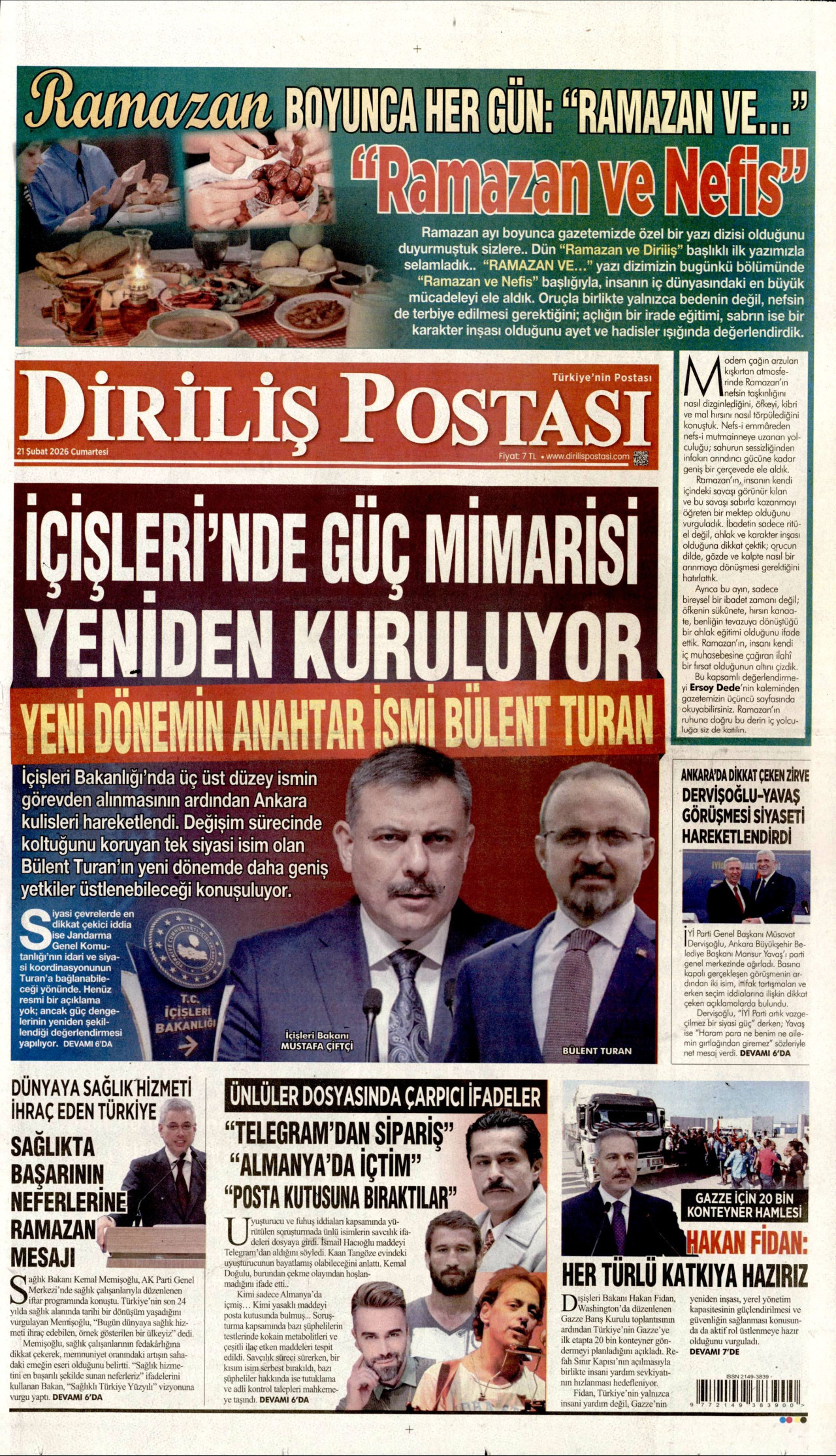DİRİLİŞ POSTASI gazetesinin 21 Şubat 2026 tarihli birinci sayfası