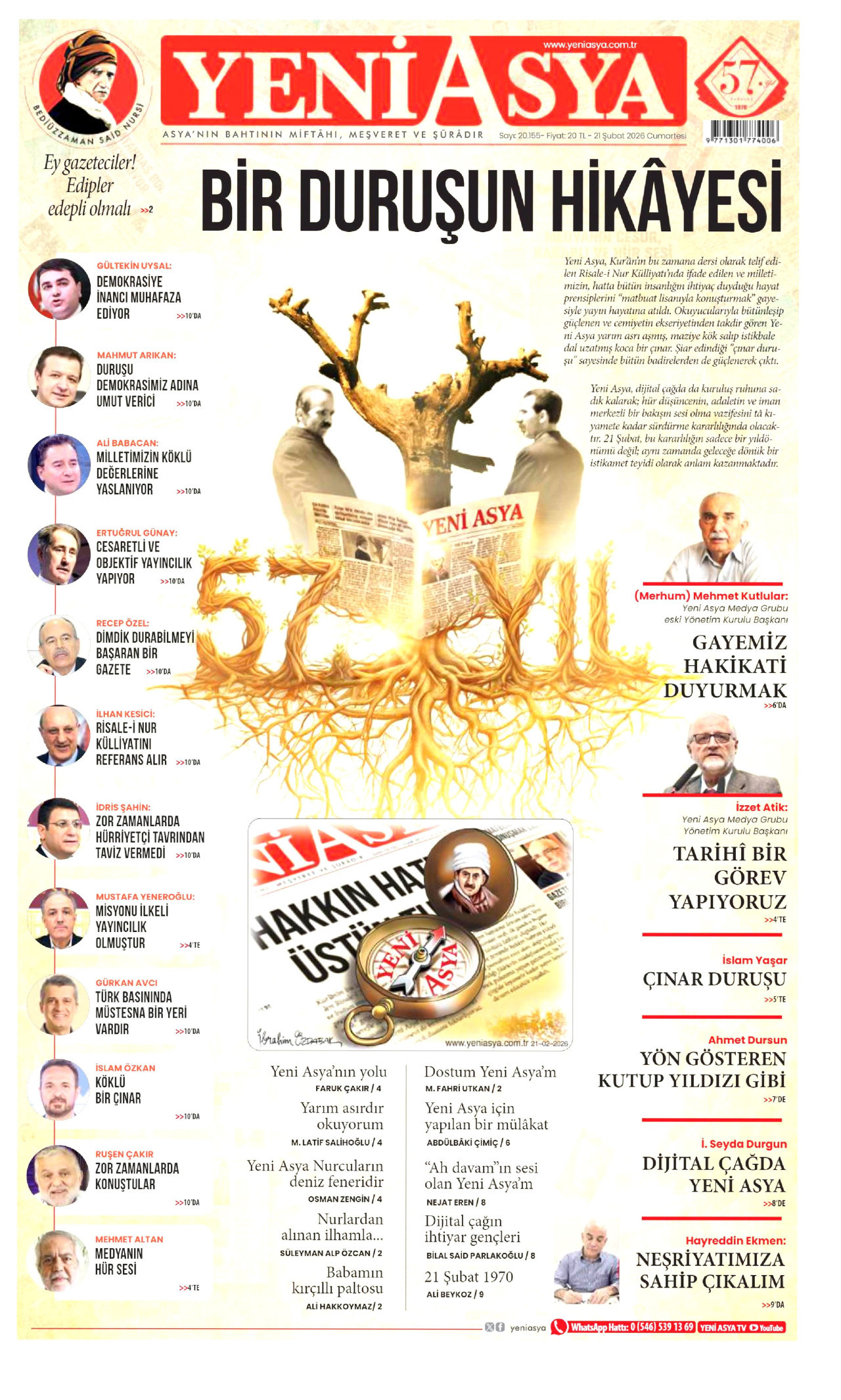 YENİ ASYA gazetesinin 21 Şubat 2026 tarihli birinci sayfası