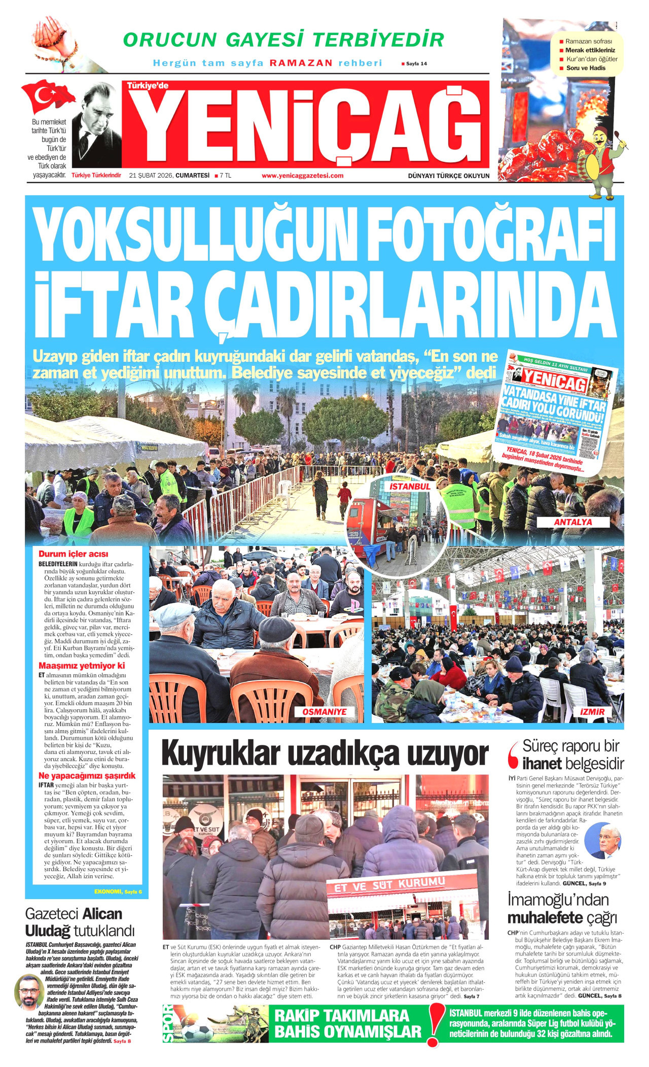YENİÇAĞ gazetesinin 21 Şubat 2026 tarihli birinci sayfası