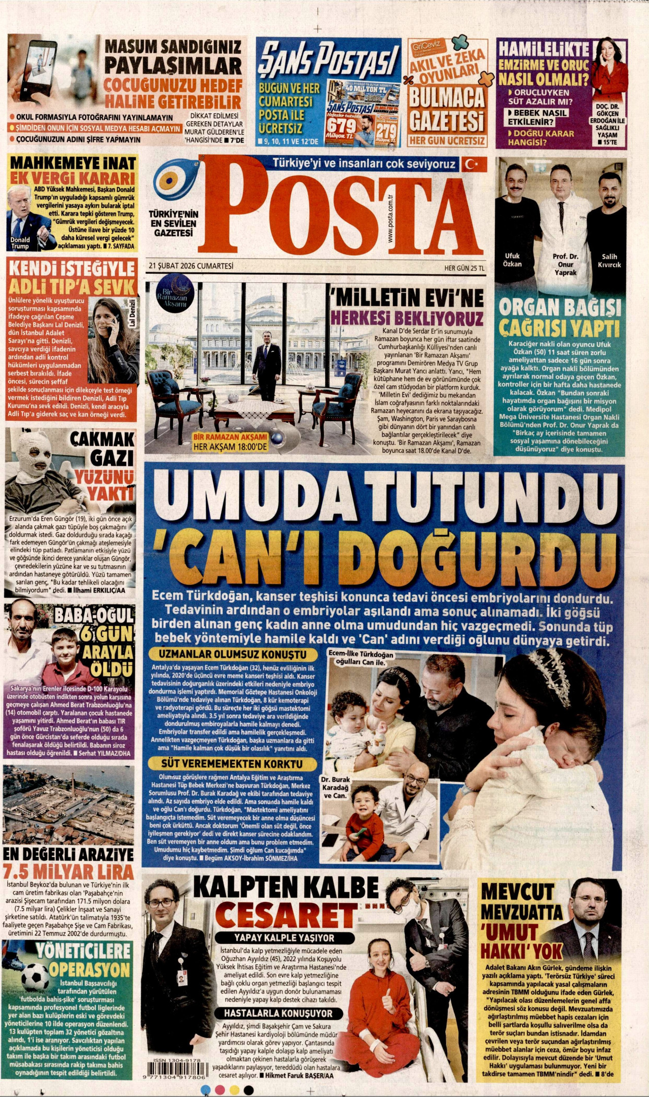 POSTA gazetesinin 21 Şubat 2026 tarihli birinci sayfası