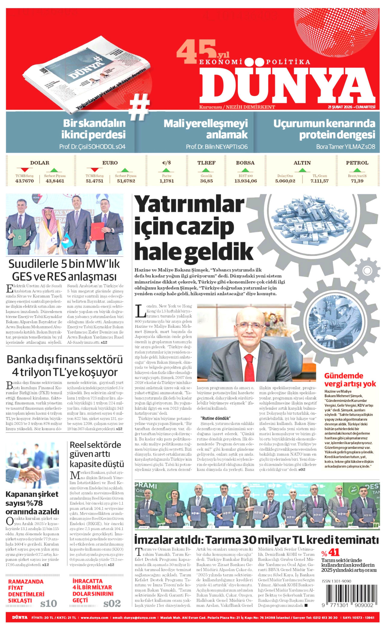 DÜNYA gazetesinin 21 Şubat 2026 tarihli birinci sayfası