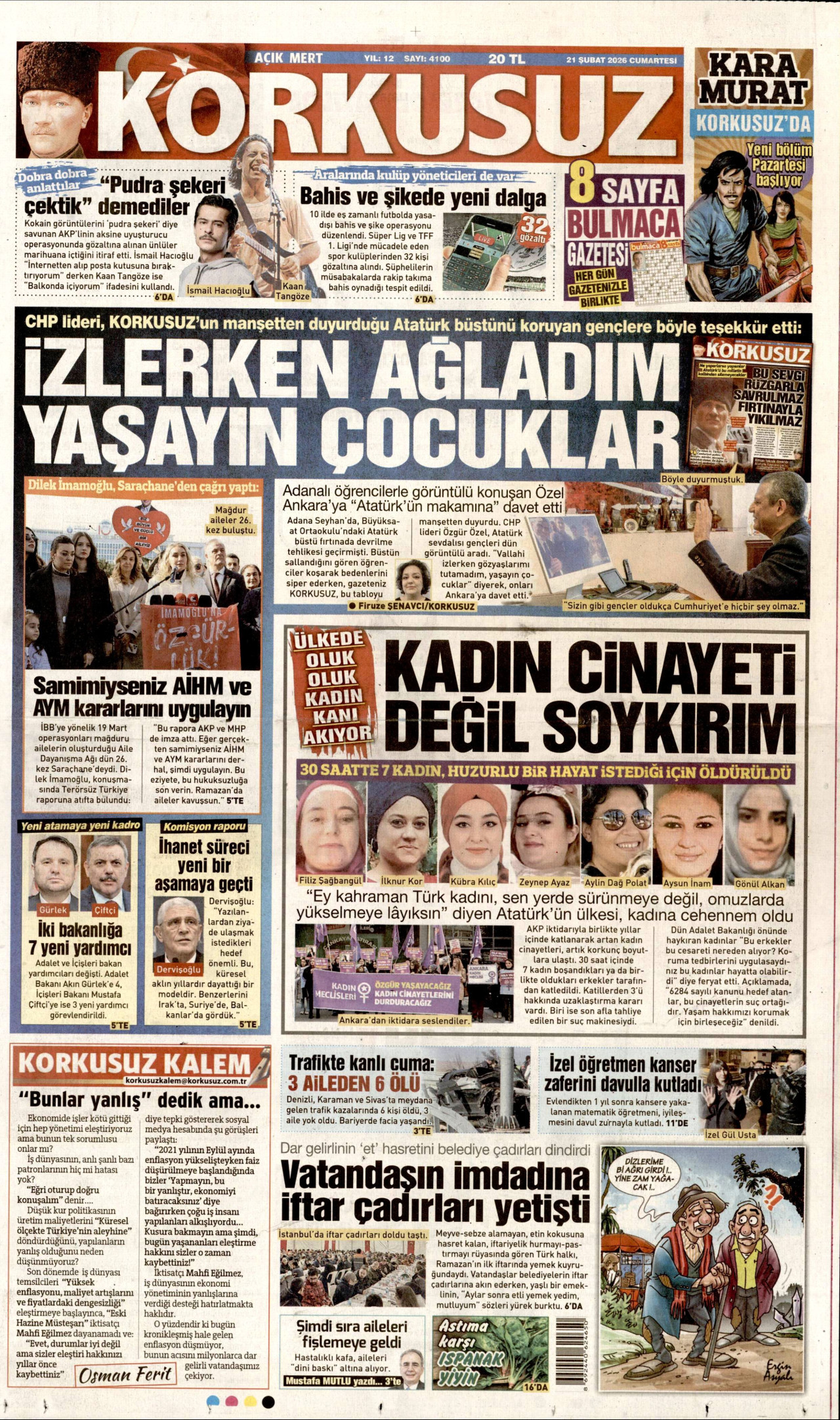 KORKUSUZ gazetesinin 21 Şubat 2026 tarihli birinci sayfası