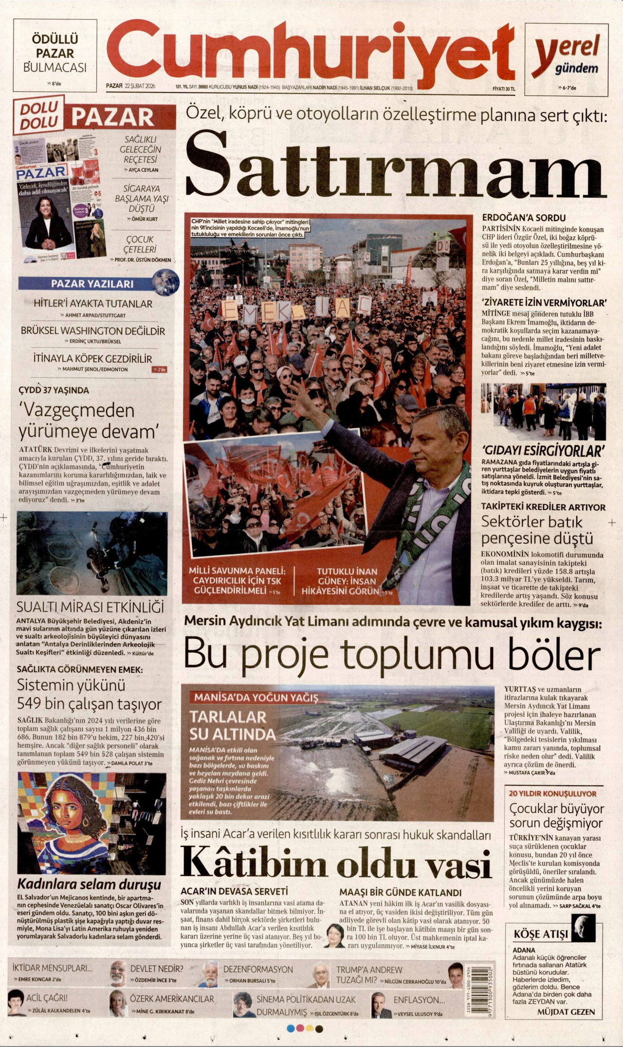 CUMHURİYET gazetesinin 22 Şubat 2026 tarihli birinci sayfası