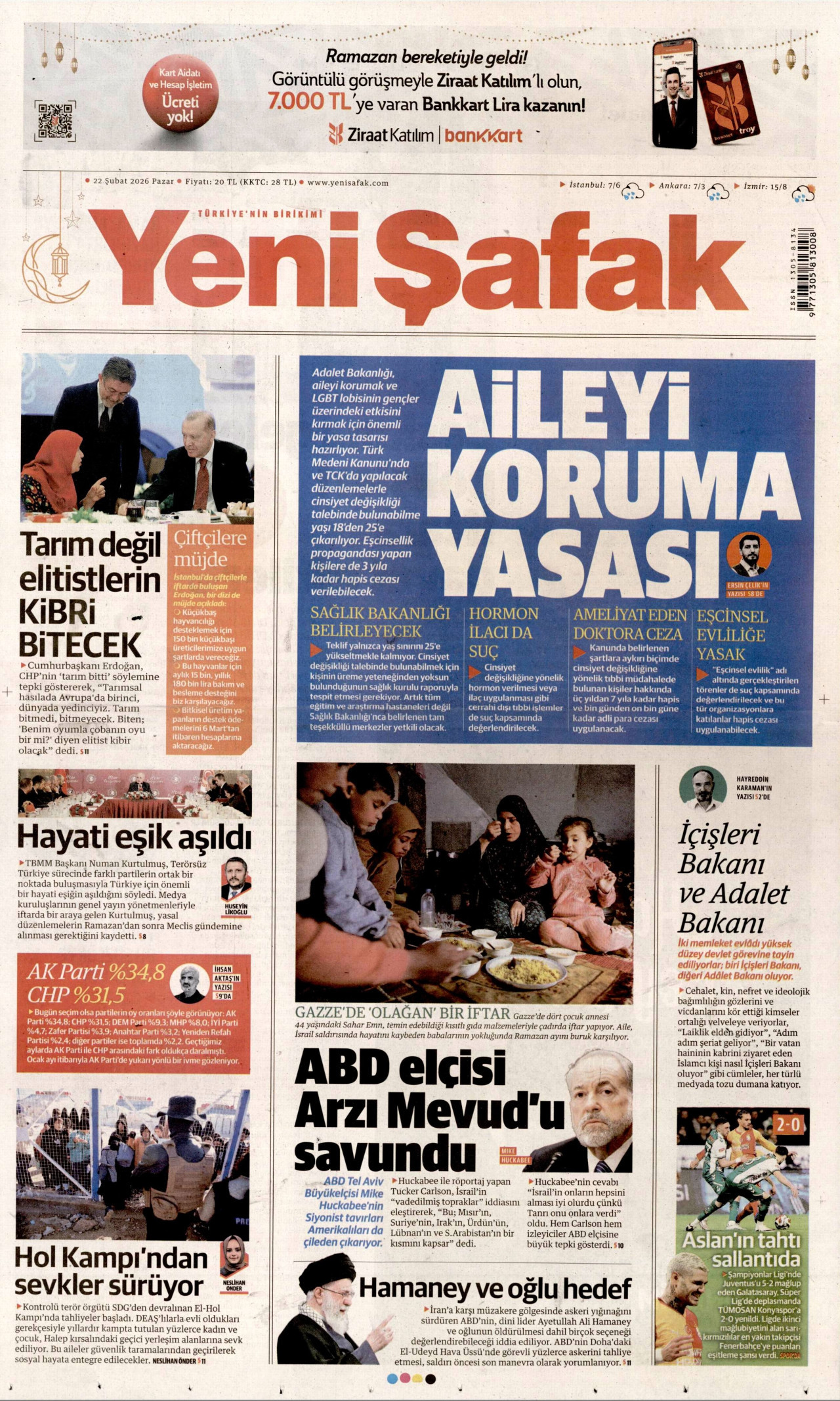YENİ ŞAFAK gazetesinin 22 Şubat 2026 tarihli birinci sayfası