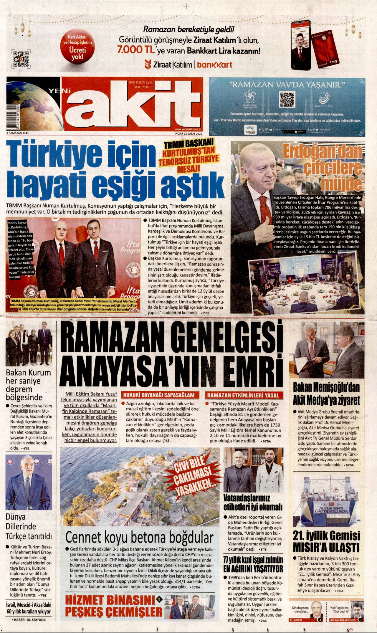 YENİ AKİT gazetesinin 22 Şubat 2026 tarihli birinci sayfası