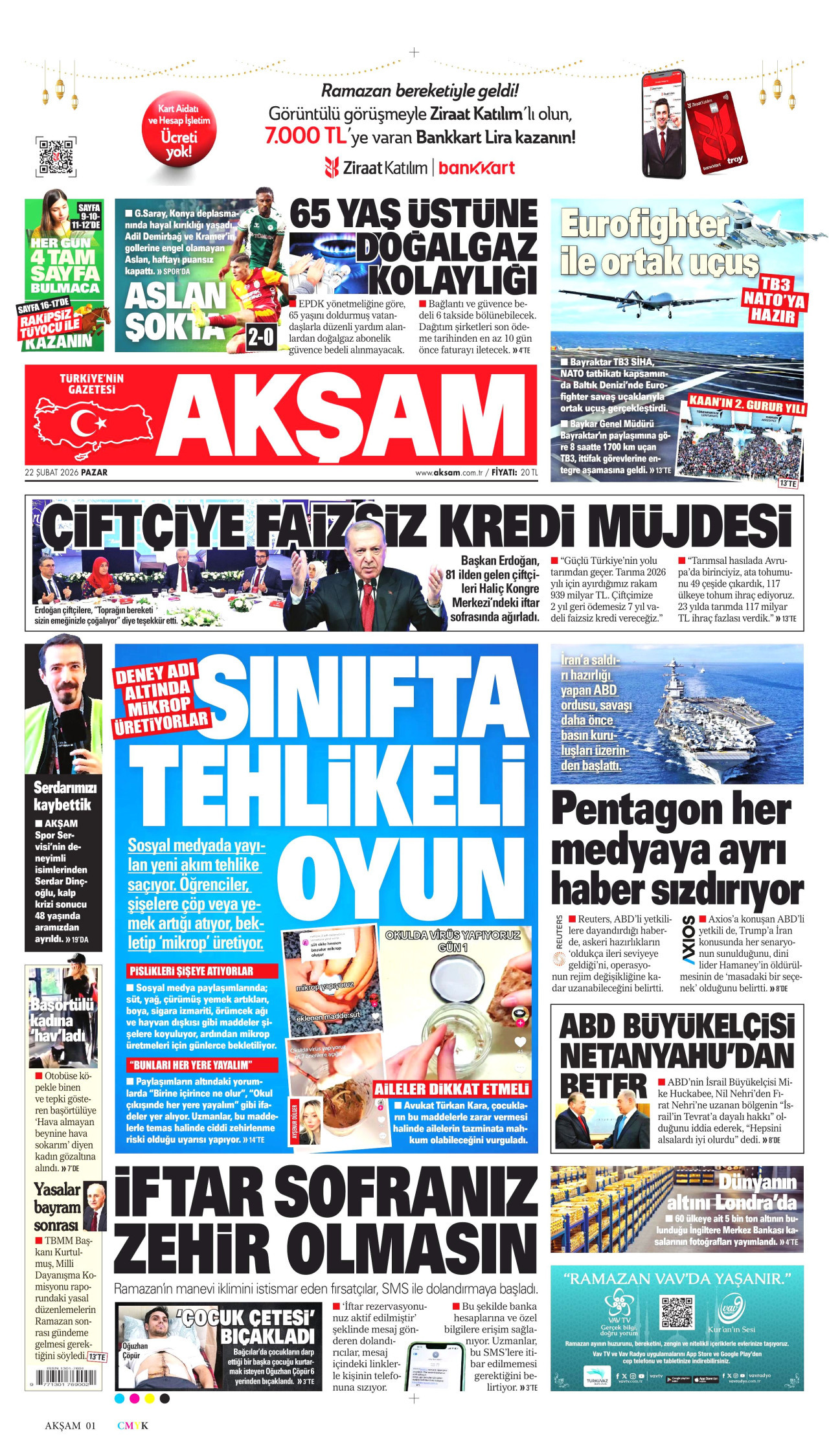 AKŞAM gazetesinin 22 Şubat 2026 tarihli birinci sayfası