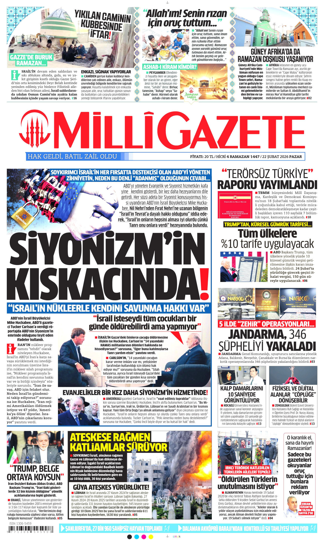 MİLLİ GAZETE gazetesinin 22 Şubat 2026 tarihli birinci sayfası