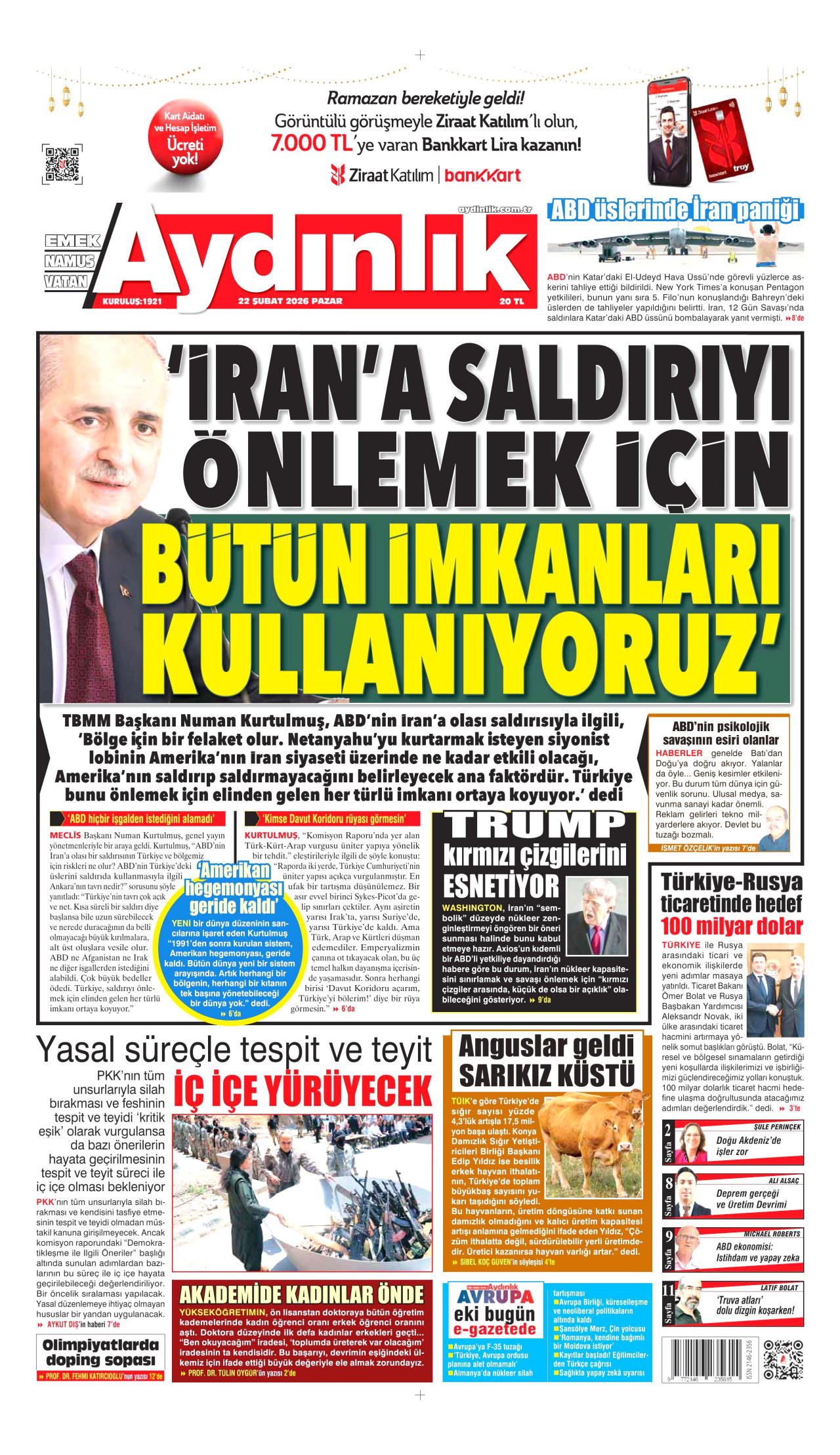AYDINLIK GAZETESİ gazetesinin 22 Şubat 2026 tarihli birinci sayfası