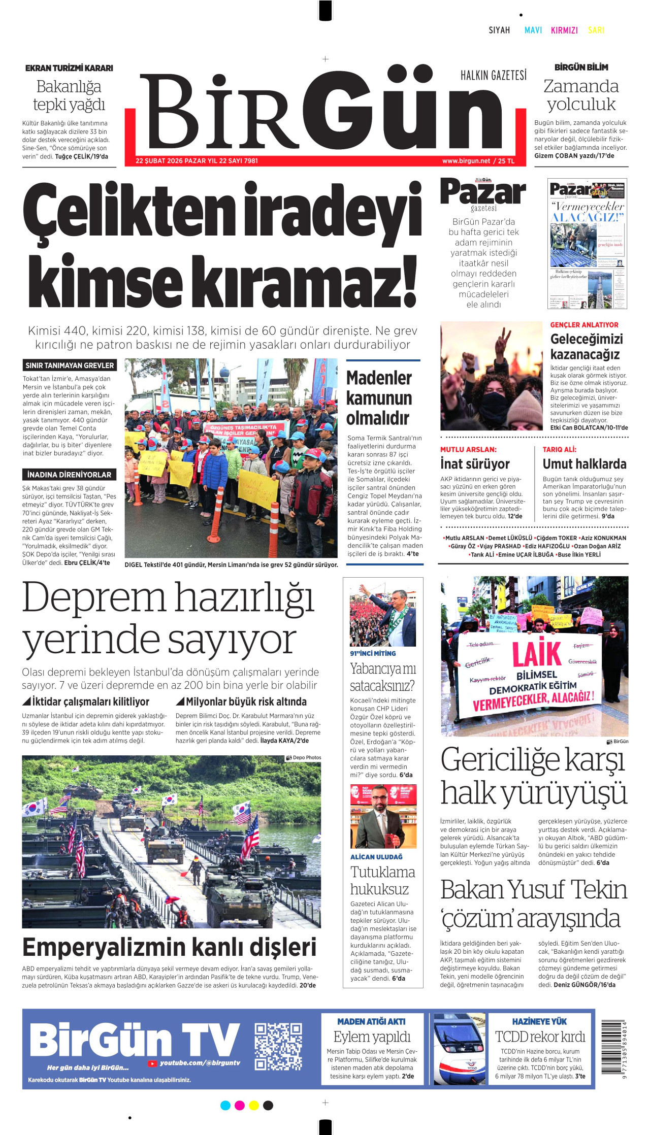BİRGÜN gazetesinin 22 Şubat 2026 tarihli birinci sayfası