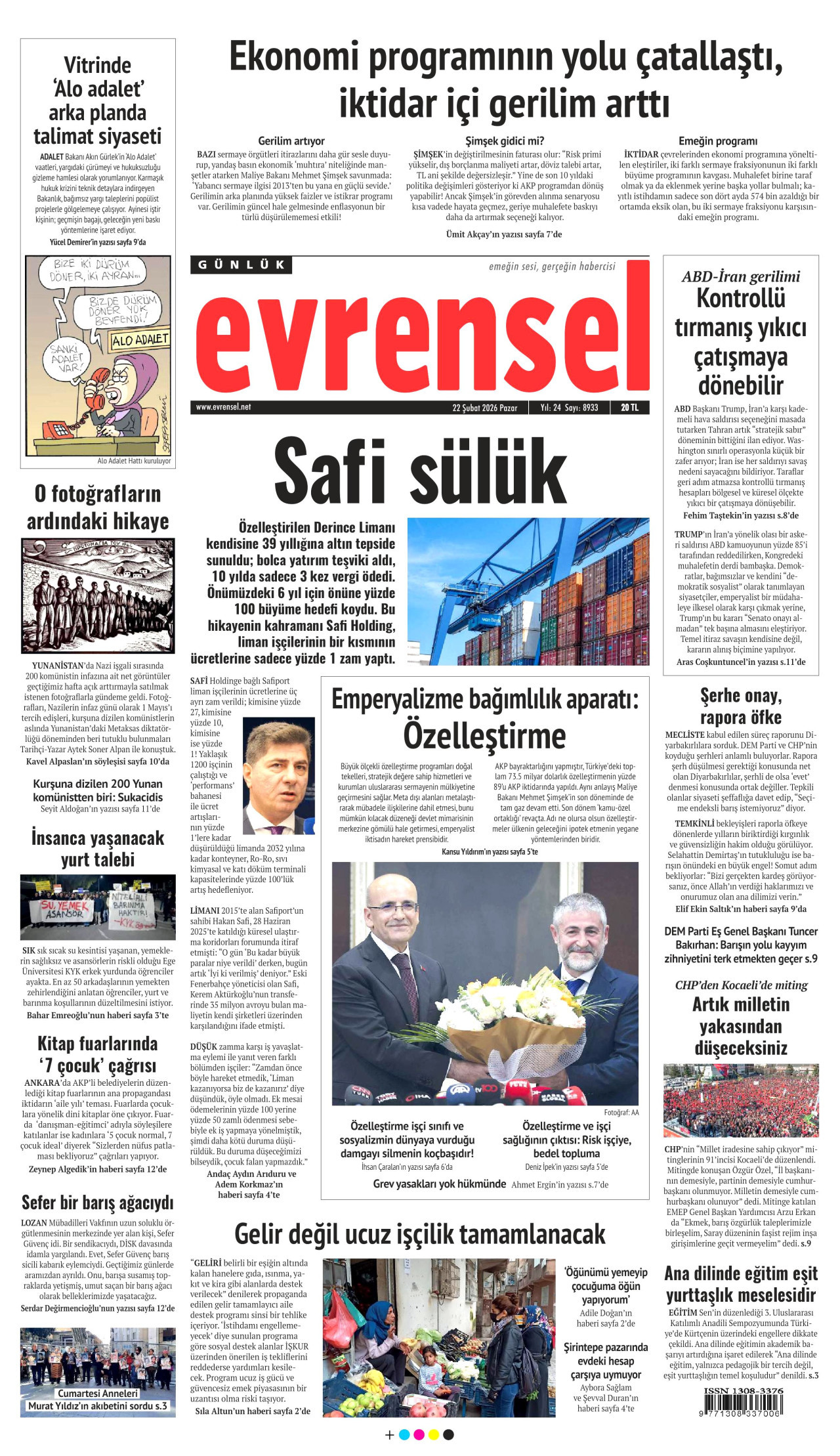 EVRENSEL gazetesinin 22 Şubat 2026 tarihli birinci sayfası