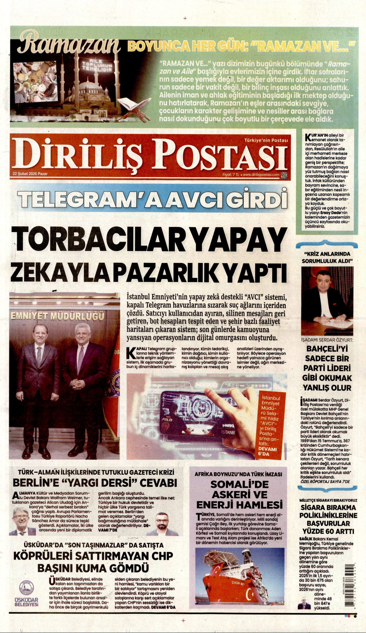DİRİLİŞ POSTASI gazetesinin 22 Şubat 2026 tarihli birinci sayfası