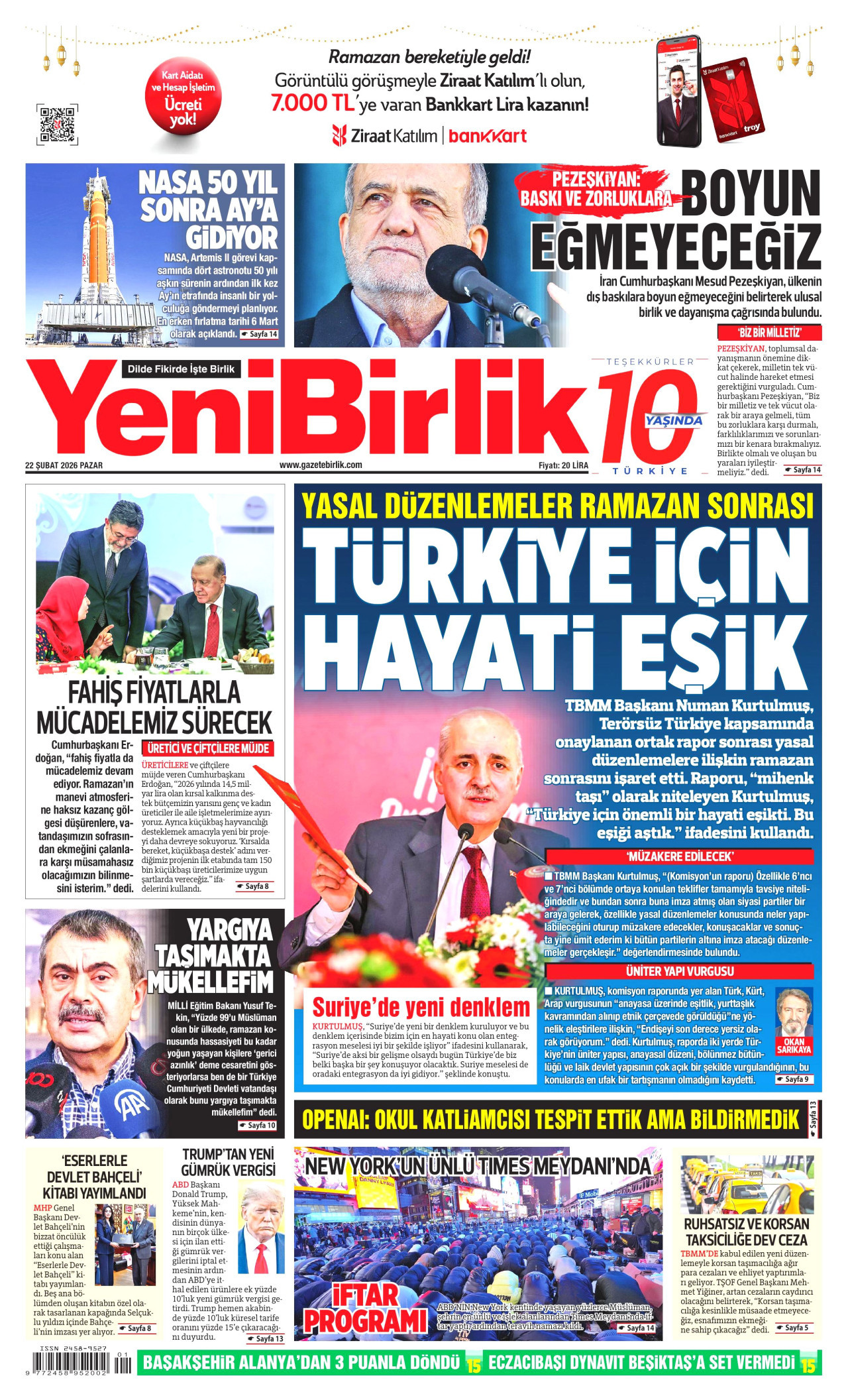 YENİBİRLİK gazetesinin 22 Şubat 2026 tarihli birinci sayfası