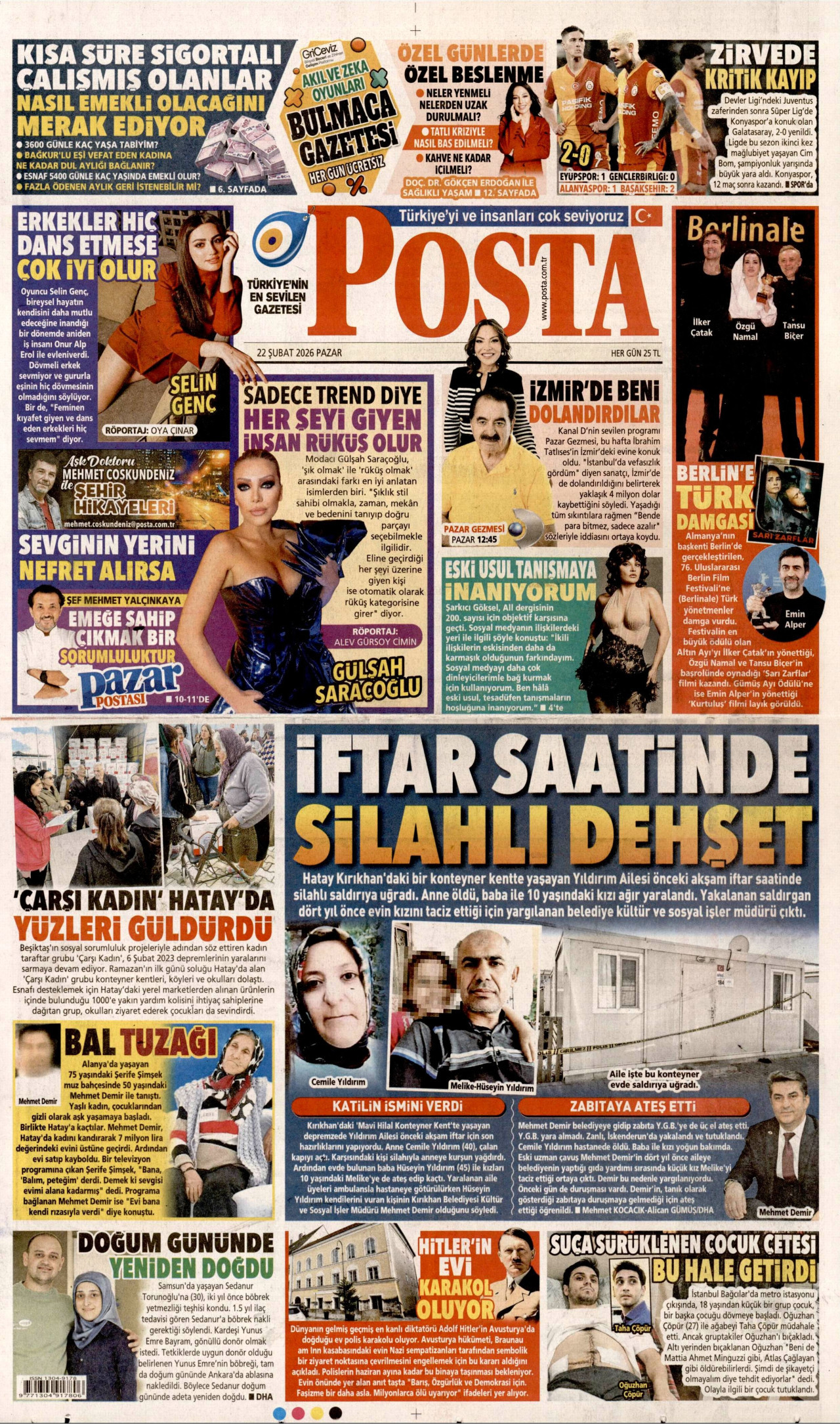 POSTA gazetesinin 22 Şubat 2026 tarihli birinci sayfası
