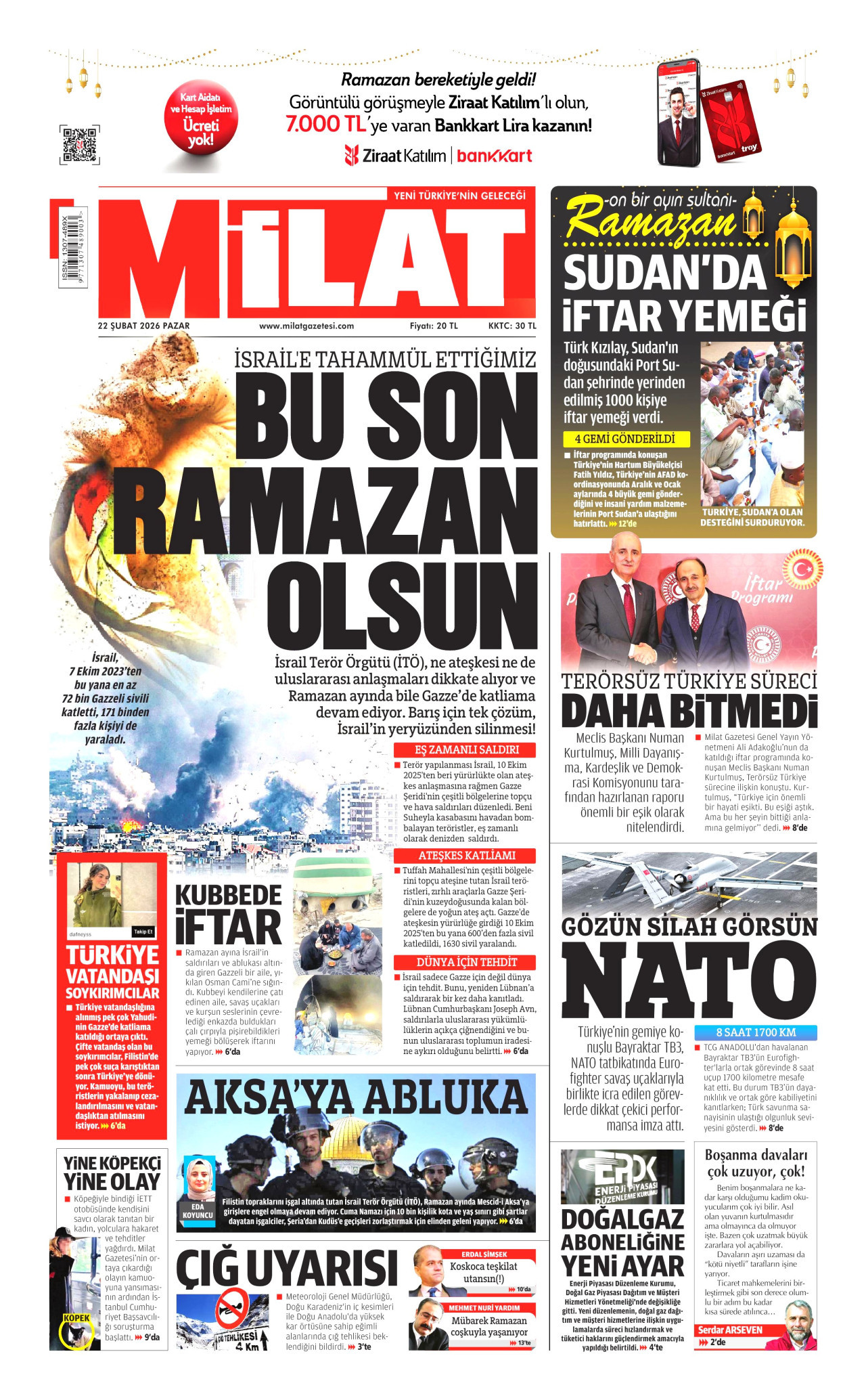MİLAT gazetesinin 22 Şubat 2026 tarihli birinci sayfası