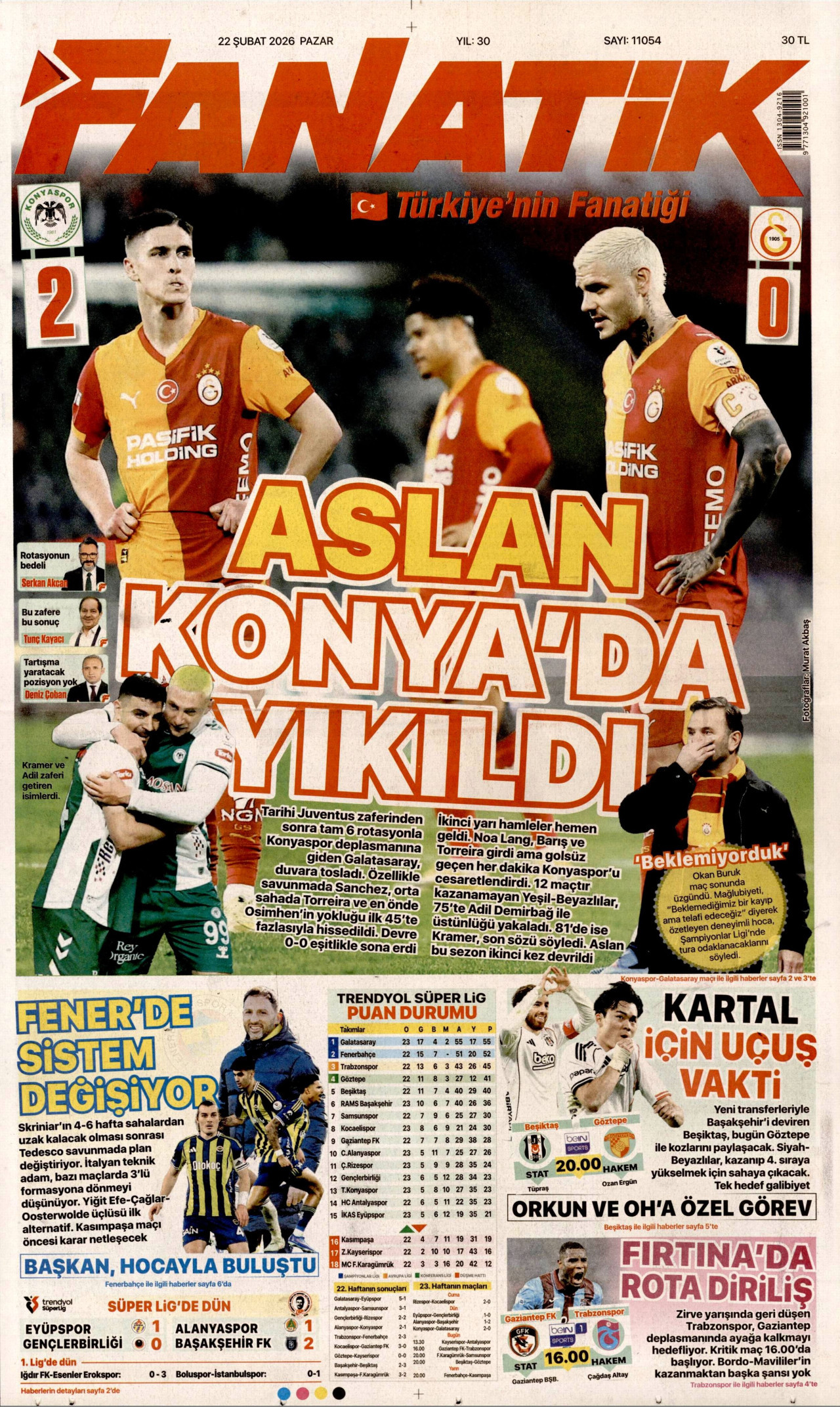 FANATİK gazetesinin 22 Şubat 2026 tarihli birinci sayfası