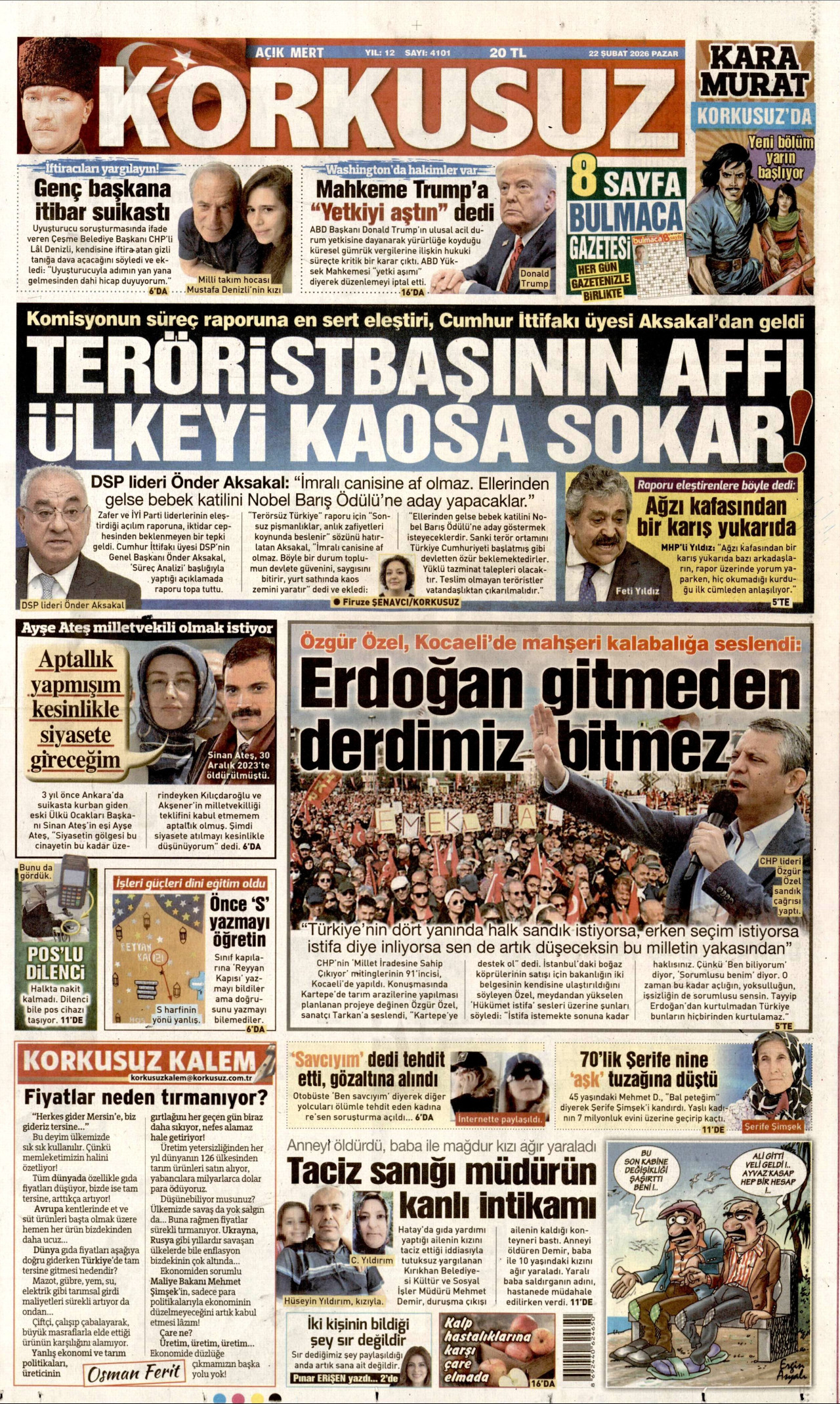 KORKUSUZ gazetesinin 22 Şubat 2026 tarihli birinci sayfası