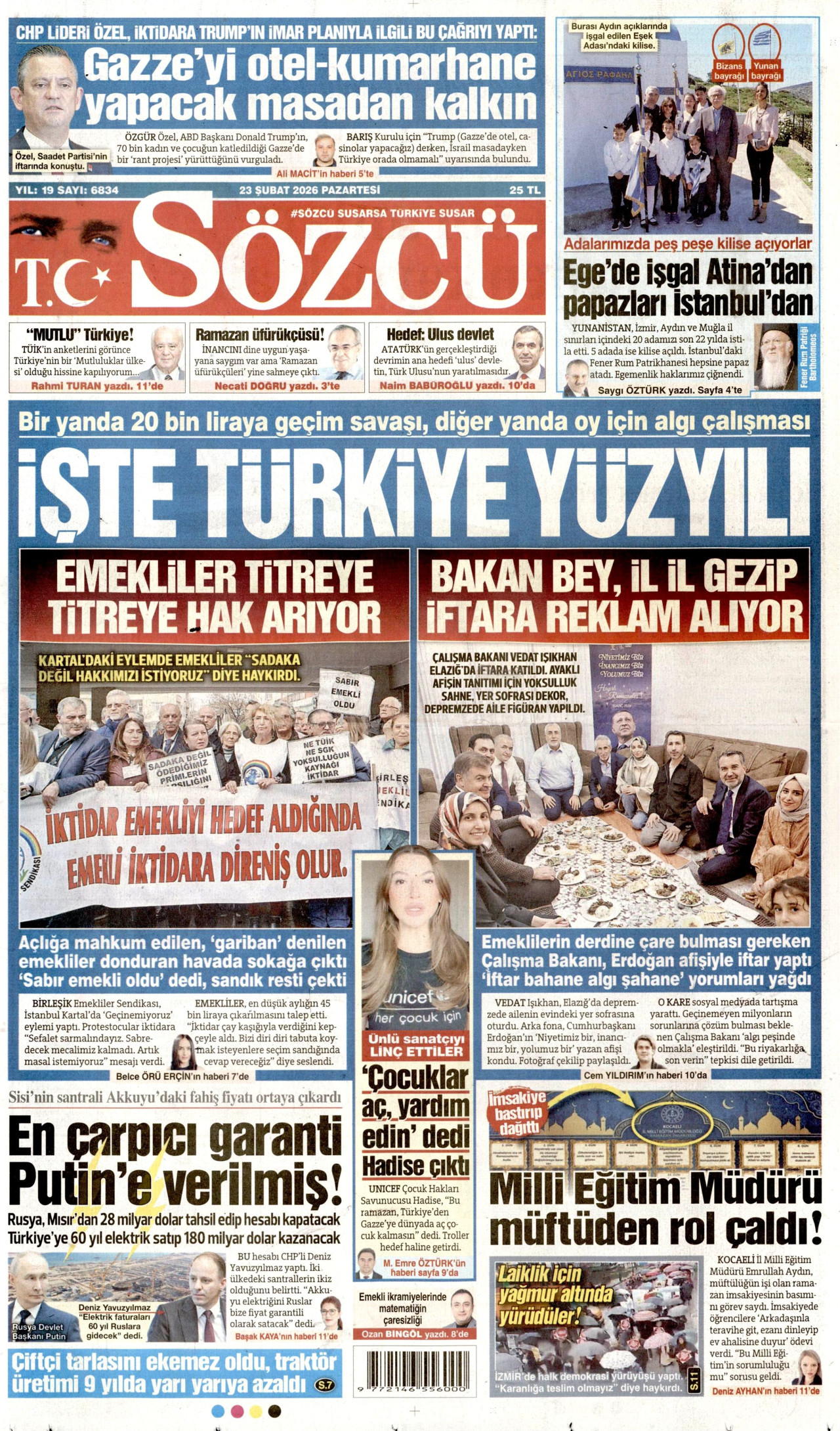 SÖZCÜ gazetesinin 23 Şubat 2026 tarihli birinci sayfası
