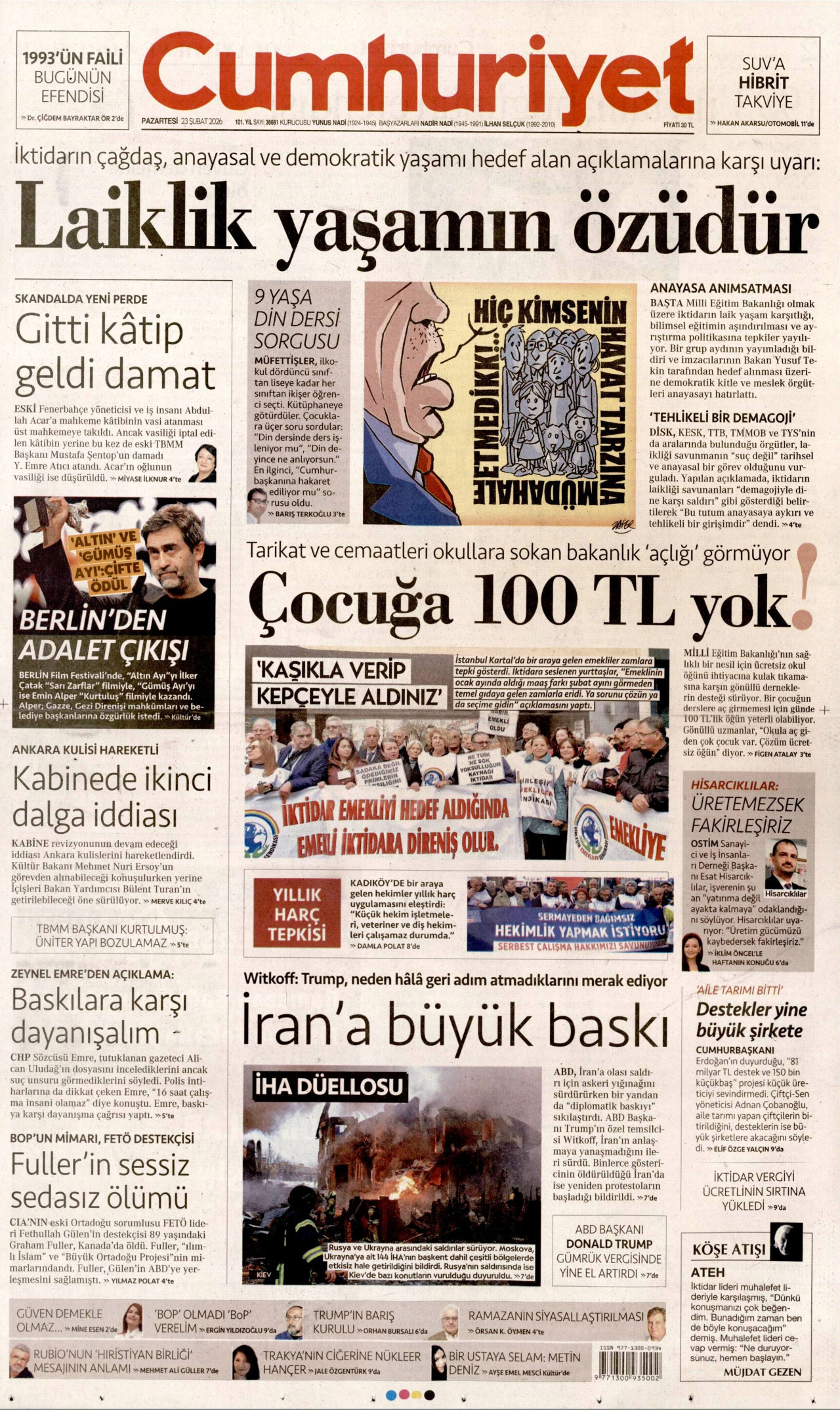 CUMHURİYET gazetesinin 23 Şubat 2026 tarihli birinci sayfası