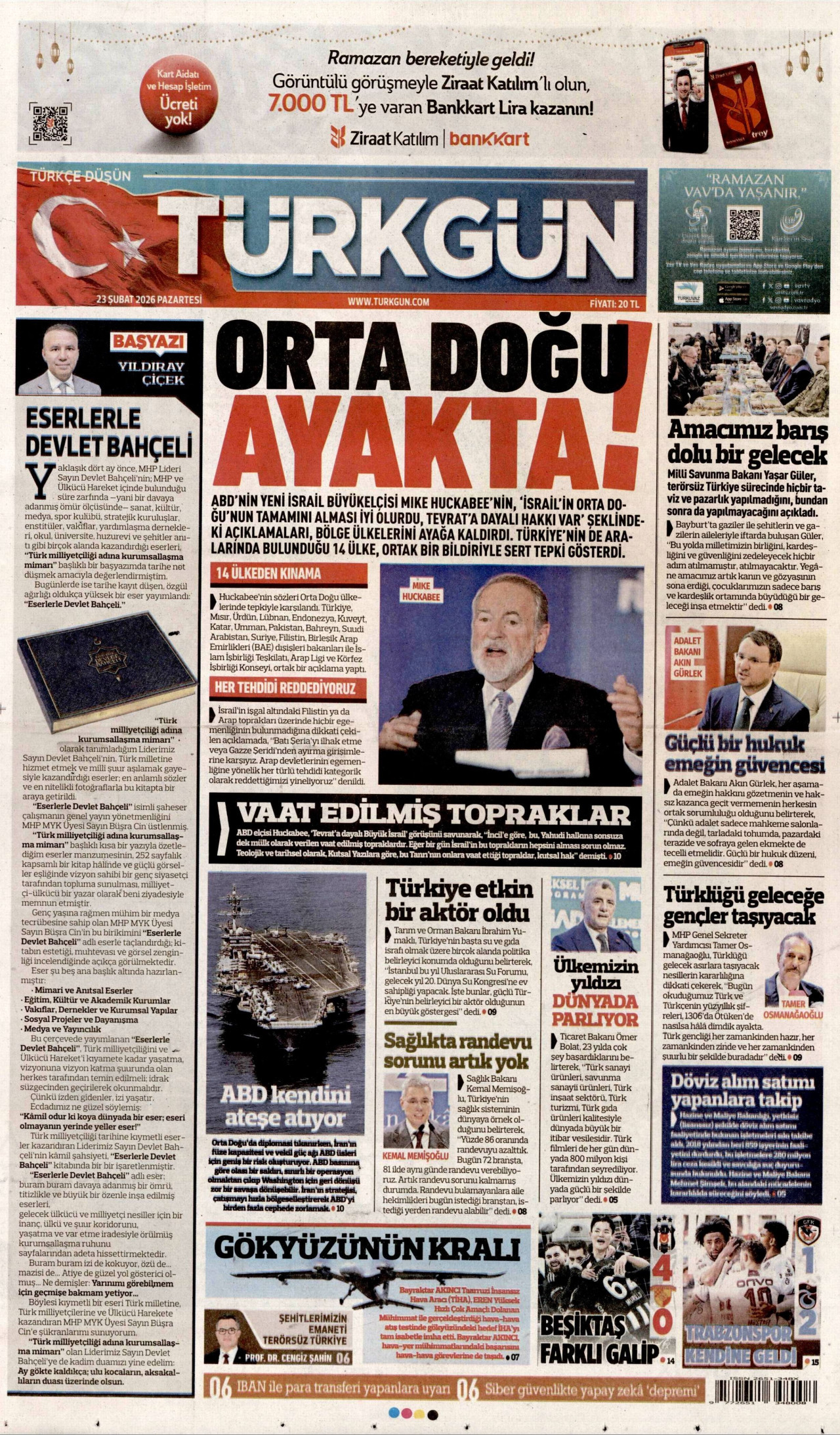 TÜRKGÜN gazetesinin 23 Şubat 2026 tarihli birinci sayfası