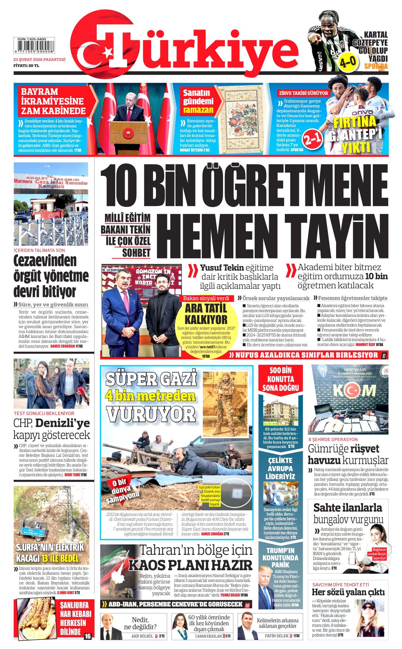 TÜRKİYE GAZETESİ gazetesinin 23 Şubat 2026 tarihli birinci sayfası