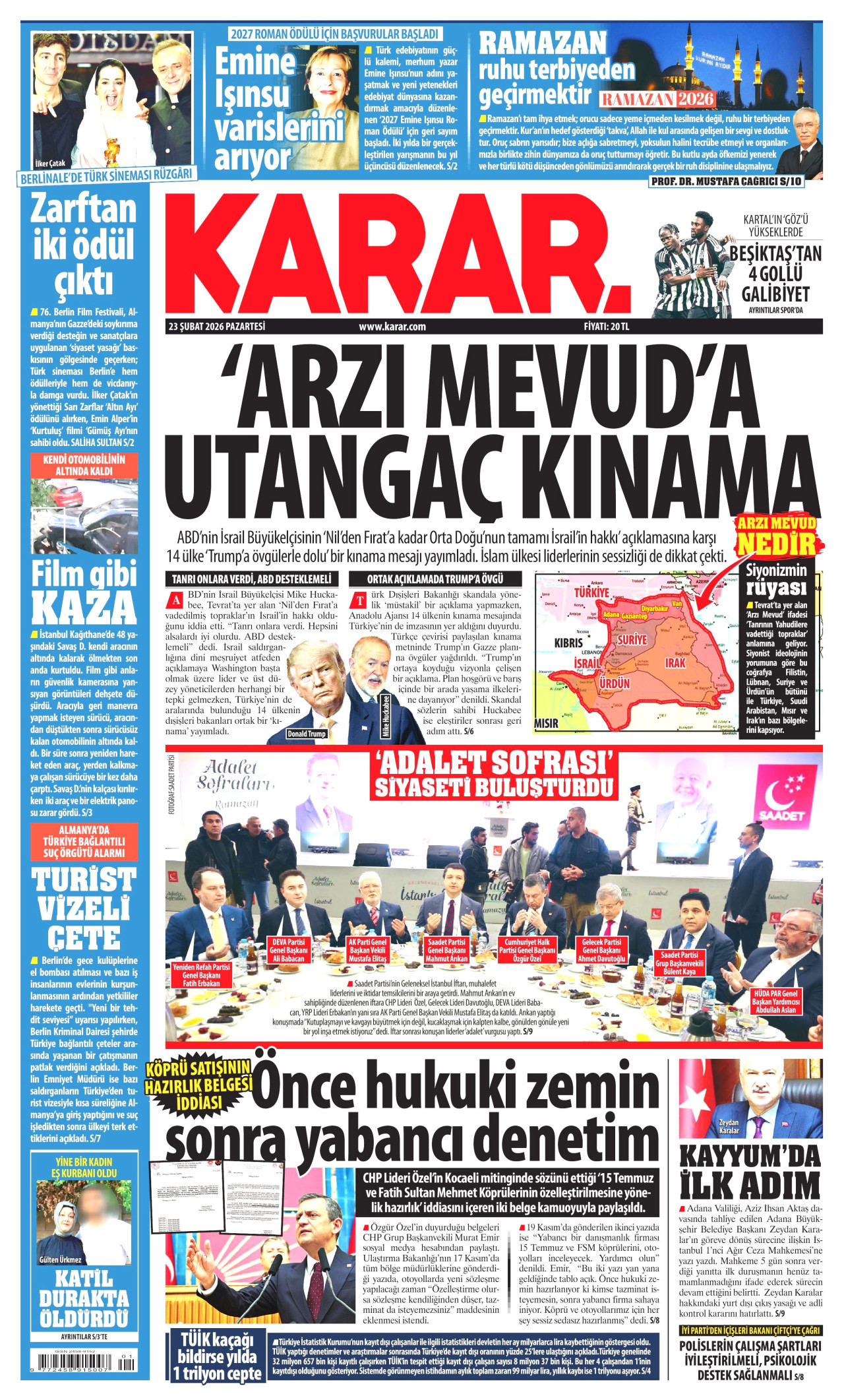KARAR gazetesinin 23 Şubat 2026 tarihli birinci sayfası