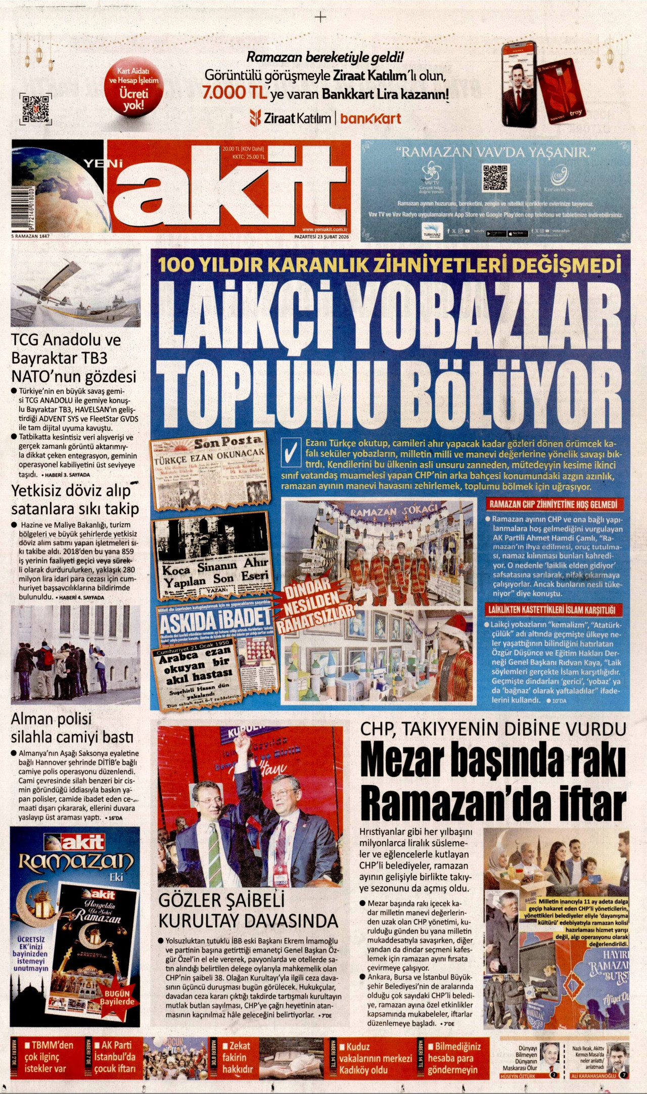 YENİ AKİT gazetesinin 23 Şubat 2026 tarihli birinci sayfası