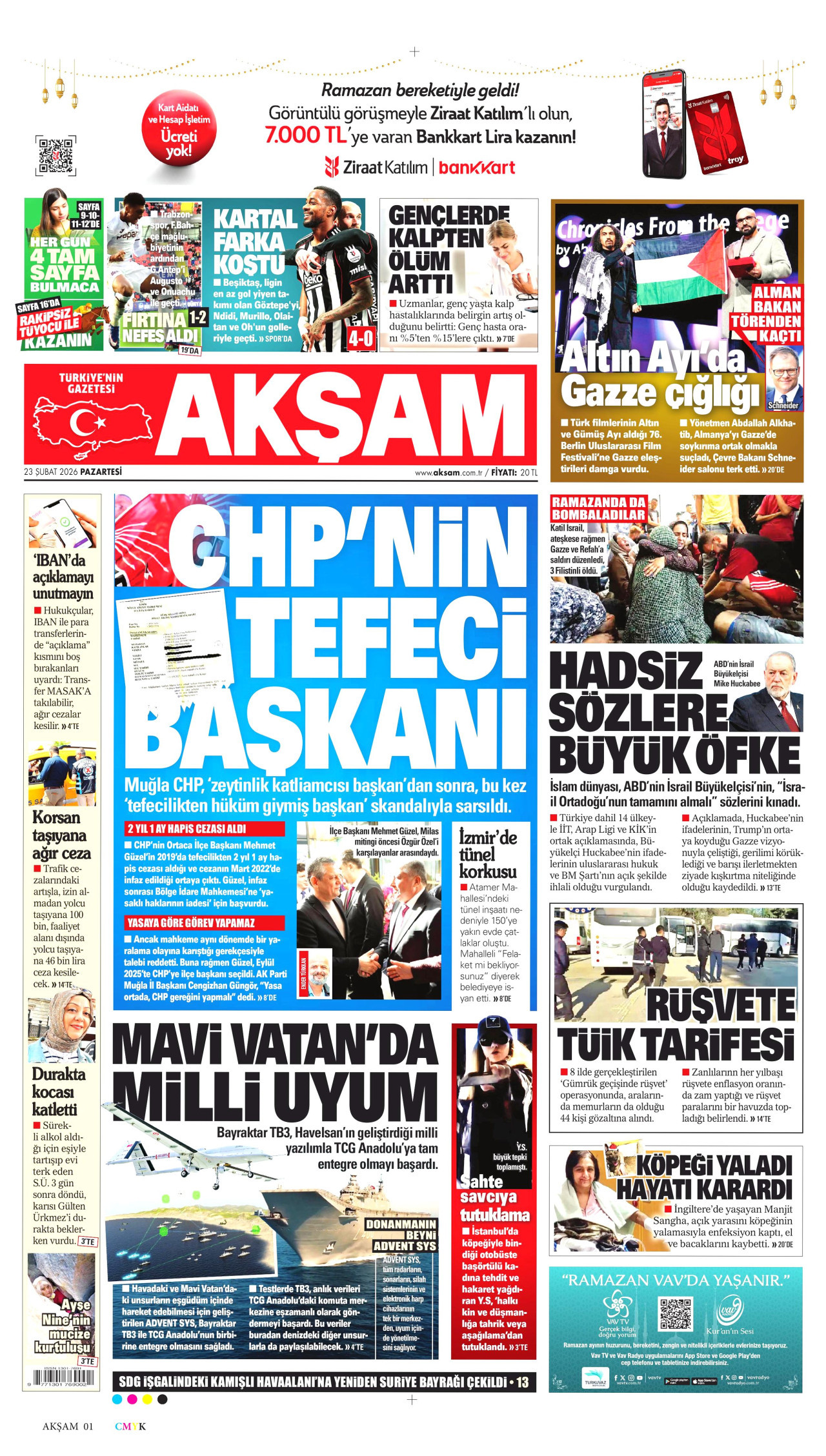AKŞAM gazetesinin 23 Şubat 2026 tarihli birinci sayfası