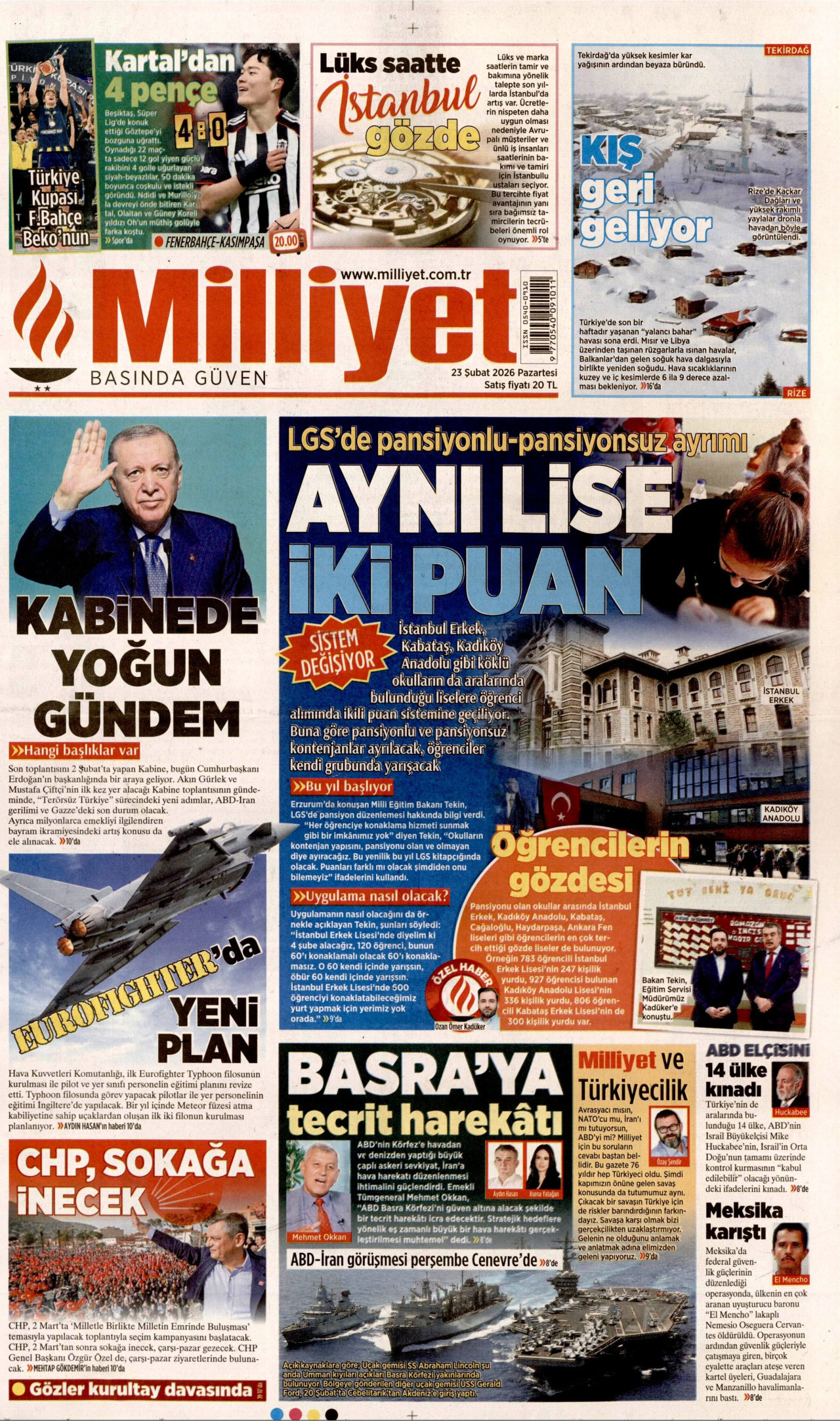 MİLLİYET gazetesinin 23 Şubat 2026 tarihli birinci sayfası
